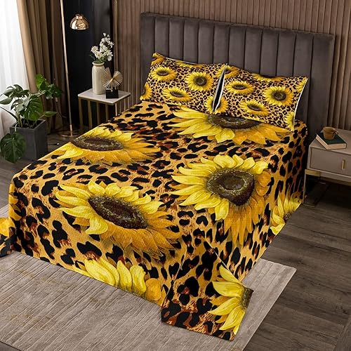 Homewish Juego de colcha de girasoles amarillos, 3 piezas para niños, niñas, adolescentes, colcha acolchada con patrón de leopardo marrón (1 colcha