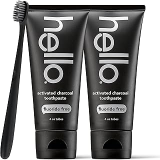 Hello Activated Charcoal Epic Teeth Whitening Fluoride Free Toothpaste and Toothbrush, Fresh Mint and Coconut Oil, Vegan, SLS Free, Gluten Free and Peroxide Free, 4 Ounce (Pack of 2)