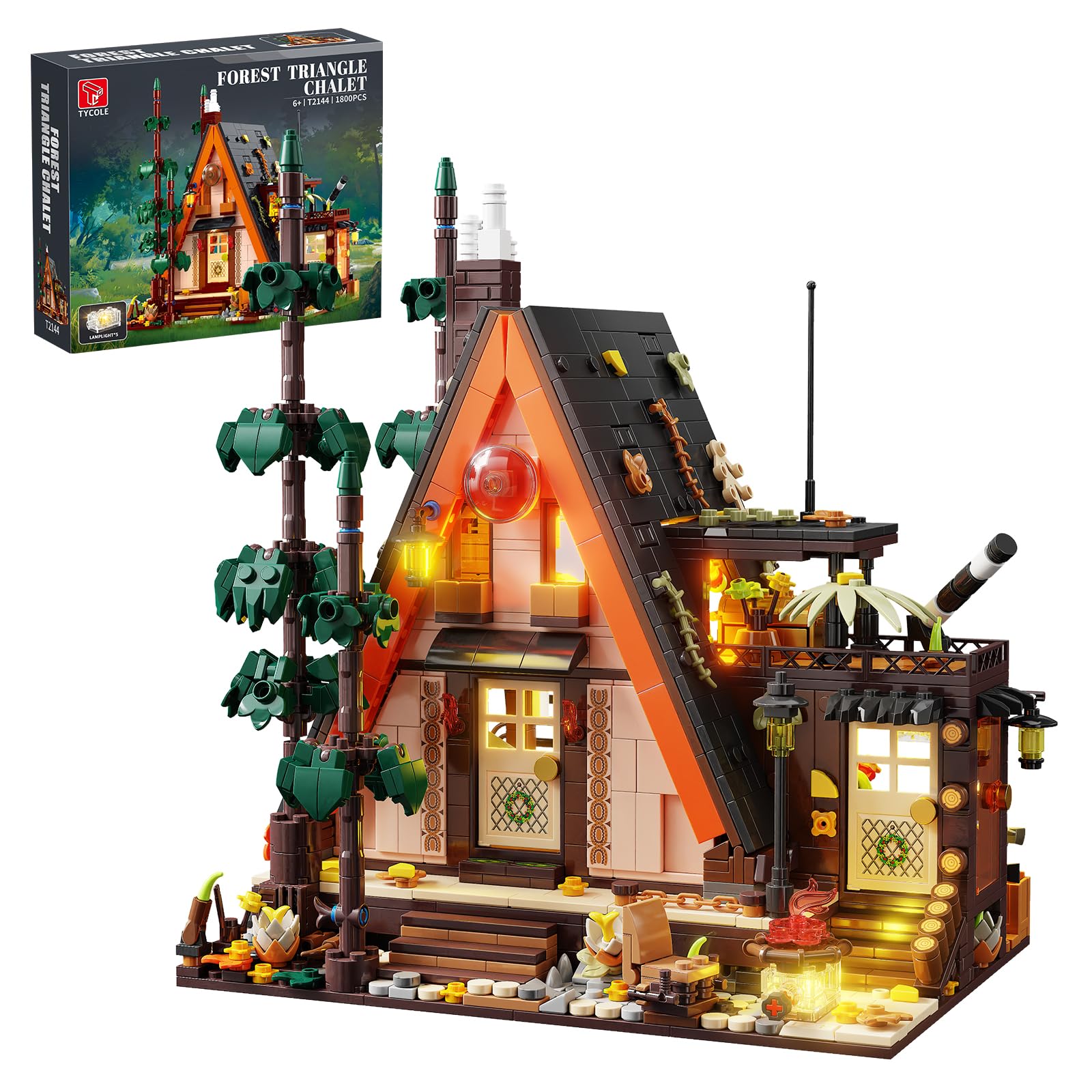 TYCOLE TGL Wood Cabin Building Blocks Set with LED Lights,1800 PCS Wooden Forest House Building Toys,STEM Treehouse Construction Model,Birthday Gift