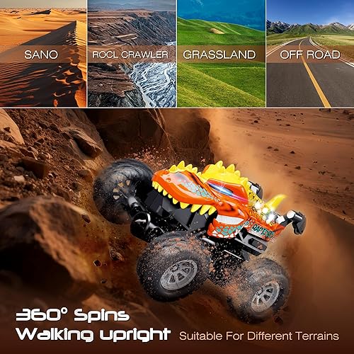Miniatura 7 de MOONTOY Auto de control remoto de dinosaurio, mini camión de control remoto con giros de 360, auto RC de 2.4 GHz con luces y baterías recargables,