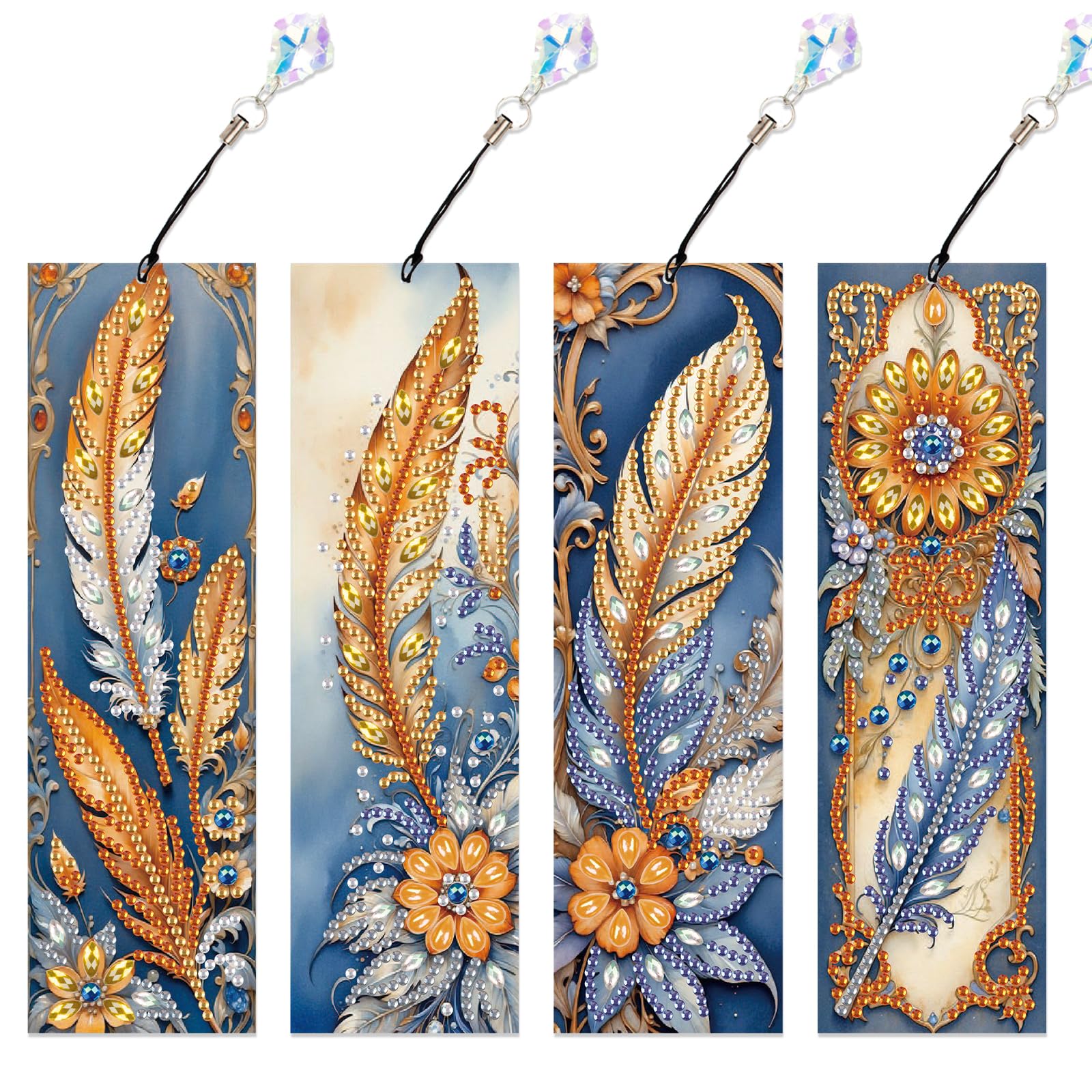 4-Pack 5D Diamond Painting Bookmarks Kit, DIY Diamond Art Bookmarks with Rhinestones and Tassels, Bohemian Unique Flower and Feather Designs, Handmade Bookmark Set for Adults, Gift for Book Lovers
