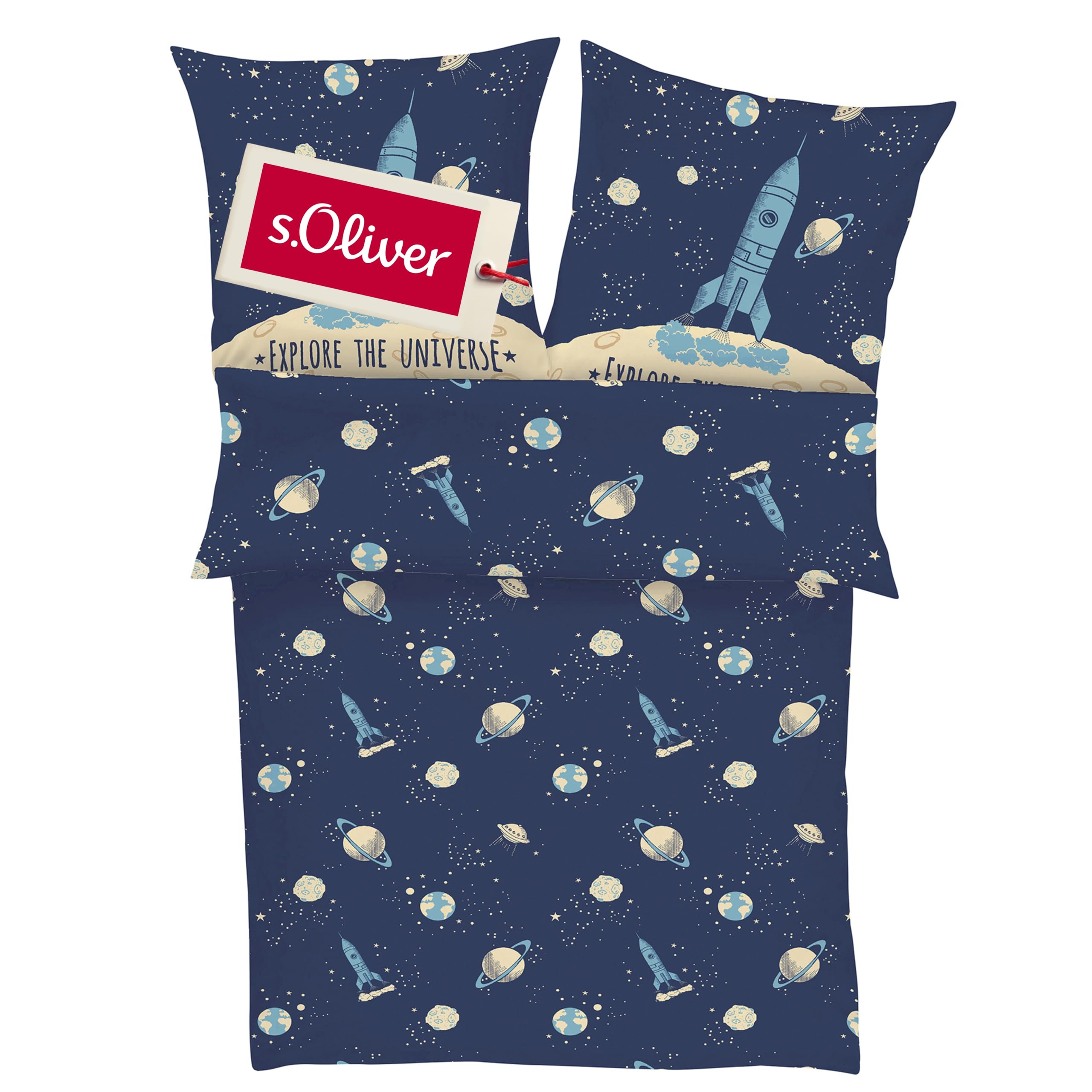 s.Oliver Biancheria da letto rocket 135 x 200 cm – Biancheria da letto per bambini in raso blu 100% cotone, astronauta e universo, 2 lenzuola per copripiumino 135 x 200 cm + federa 80 x 80 cm,