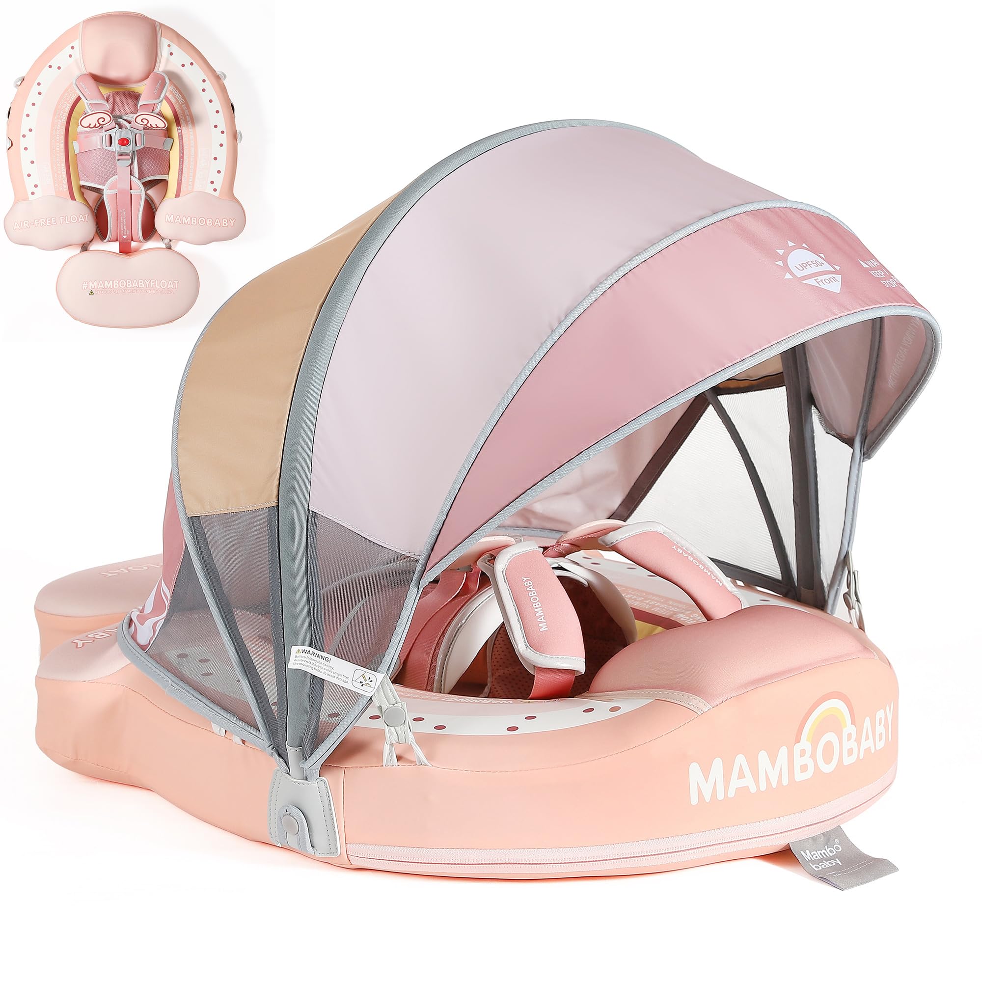 Mambobaby Float with Canopy, Non-Inflatable Swim Trainer for Infants and Toddlers 3-24 Months, Avoid Flip Design, UPF 50+, Safe & Comfortable Baby Pool Float