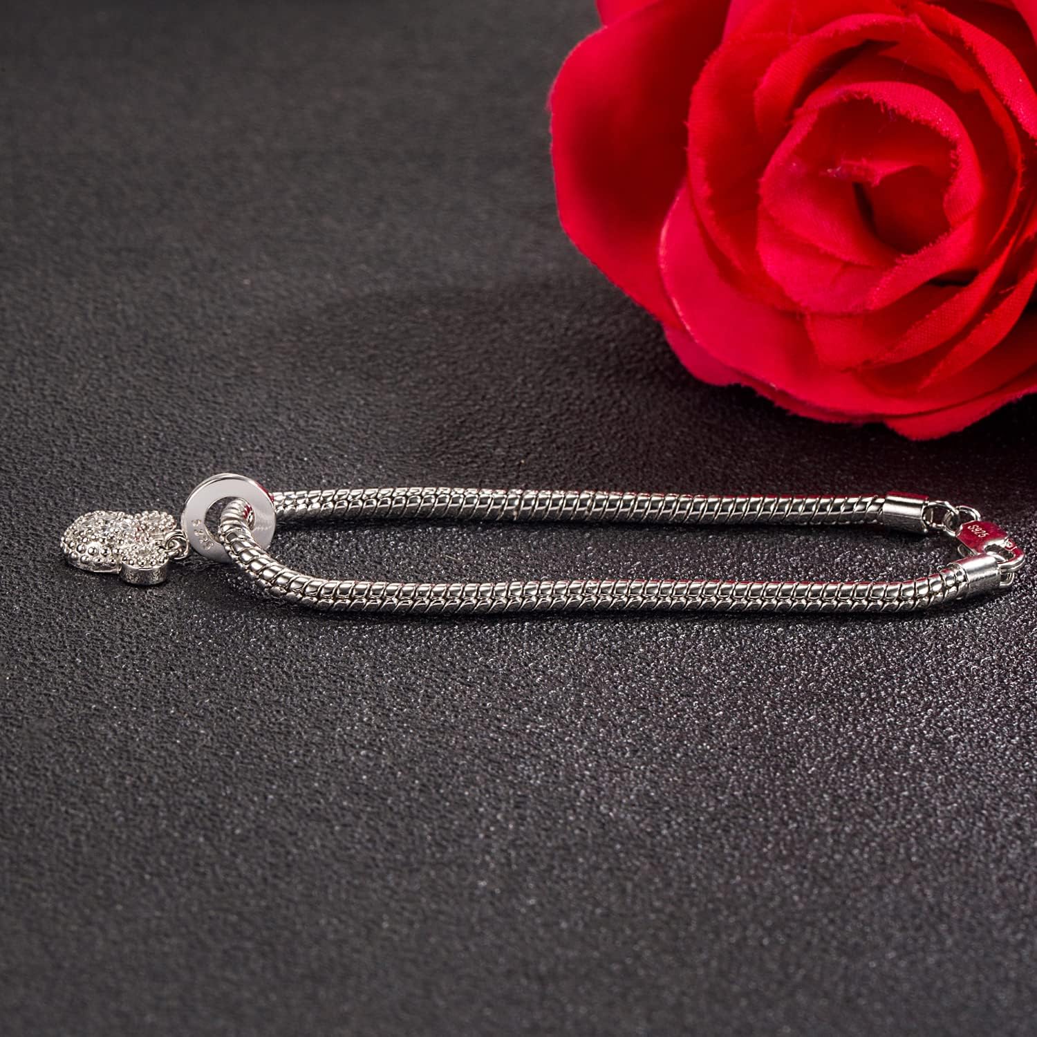 H&Beautimer Pure 925 Silver Bracelet Women's 3MM Snake Chain Little Bear Animals Pendant Bracelet Cute Jewelry 6.3-9'' Gift - Spring Buckle - Image 5