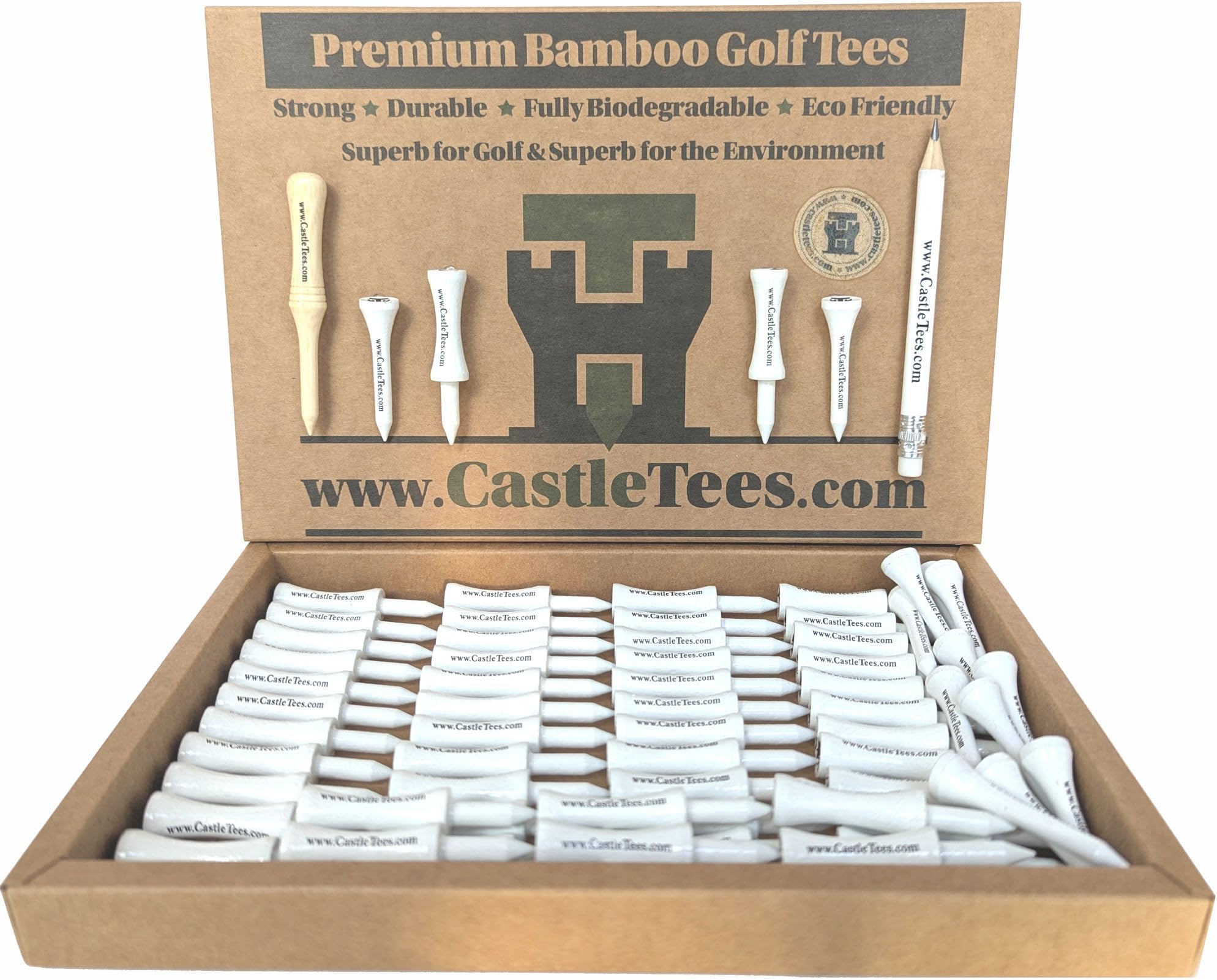 White 40 x 51mm 2 inch White Premium Bamboo Golf Tees with a Free Ball Marker & Free Pencil. Twice the strength of regular bamboo very strong & durable & a Great Golf Gift.
