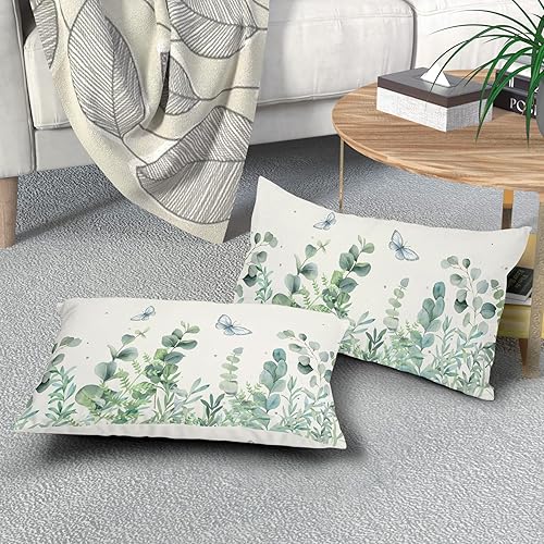 Miniatura 7 de Juego de 2 fundas de almohada lumbares de hojas de eucalipto primaverales de 12 x 20 pulgadas, fundas de almohada lumbares de hojas verdes salvia y