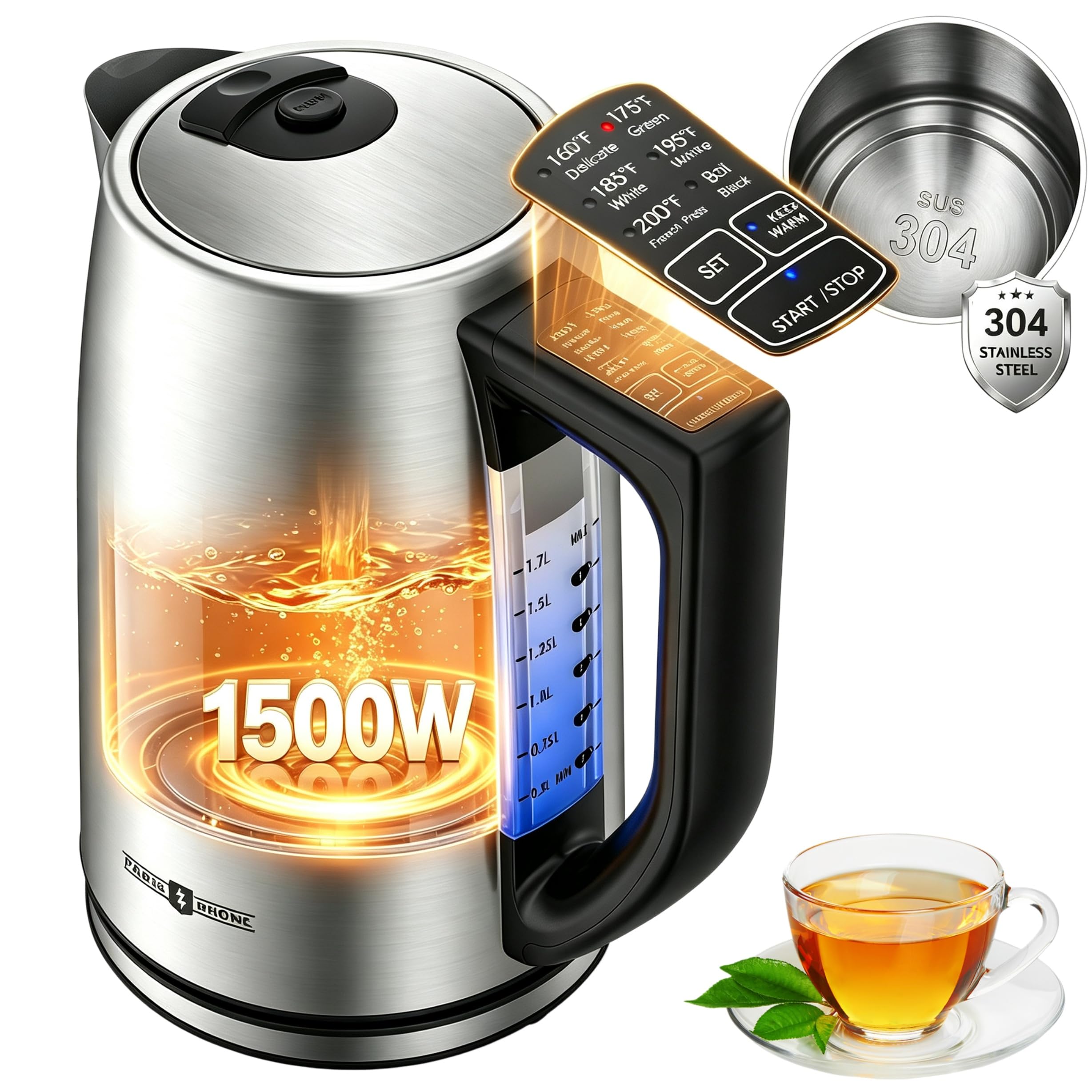 Electric Tea Kettle, 6 Precise Temperature Presets 1.7L Stainless Steel Electric Kettle Temperature Control,1500W Fast Boiling Hot Water for Oolong & Green Tea with Strix Control