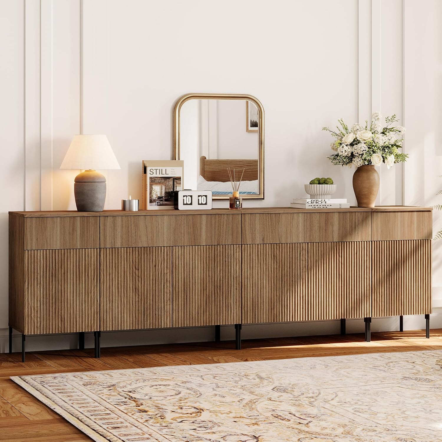 WAMPAT Fluted TV Stand with Storage for 100+ Inch TV,Modern 4 in 1 Entertainment Center with Storage Cabinets,94.5" W Wood Large Media TV Console Cabinet With 4 Drawers & 6 Doors for Living Room,Brown
