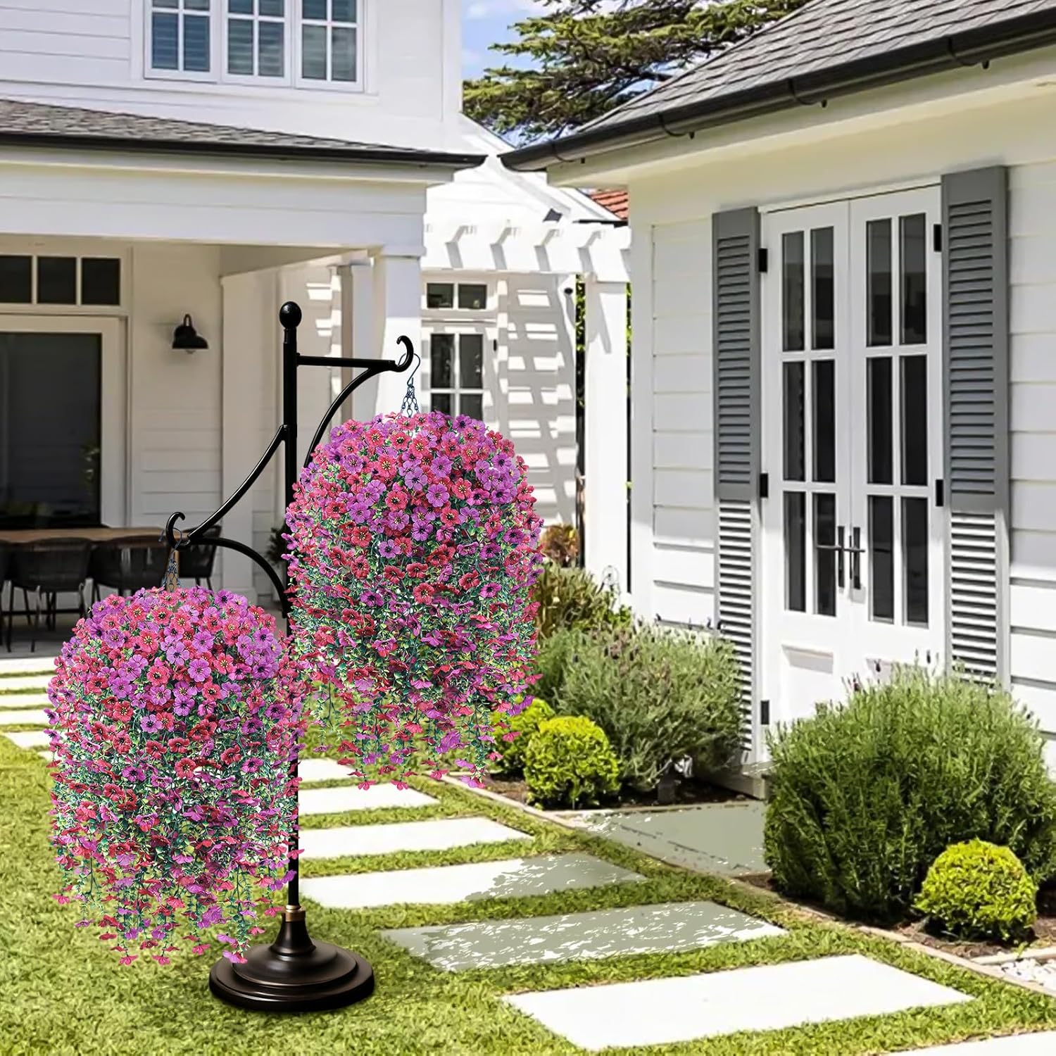 Artificial Hanging Flowers with Basket for Outdoor, 4pcs UV Resistant Silk Fake Daisy Flowers, Faux Flower Plants Hanging Basket for Spring Garden Porch Patio Yard Decorations (Light Red-Lotus)