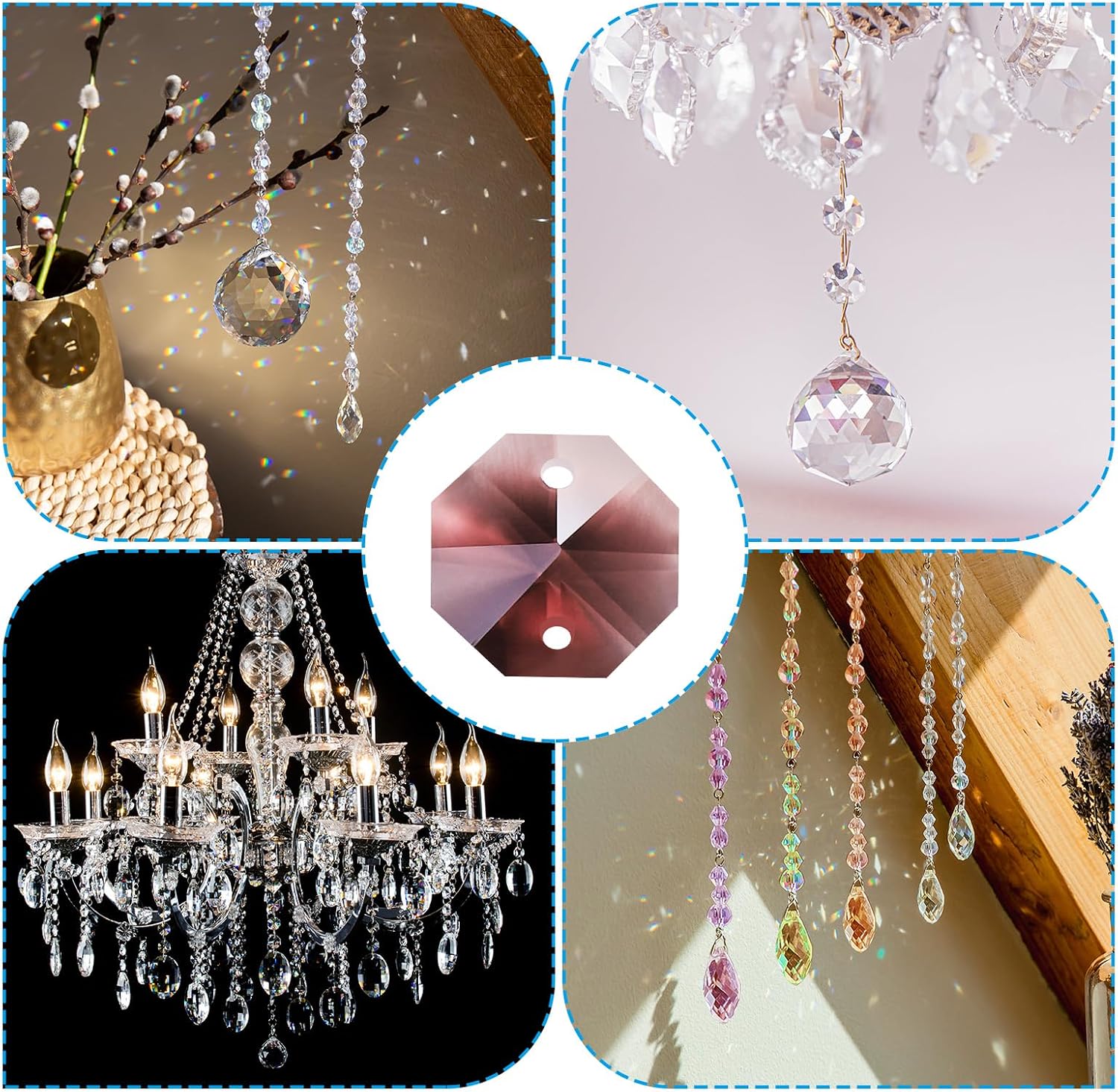 PATIKIL K9 Crystal Octagon Beads 2 Holes Pendants, 60 Pack 14mm Chandelier Prisms Parts Ornaments Hanging Beads for DIY Arts Crafts Decoration, Purple image 5
