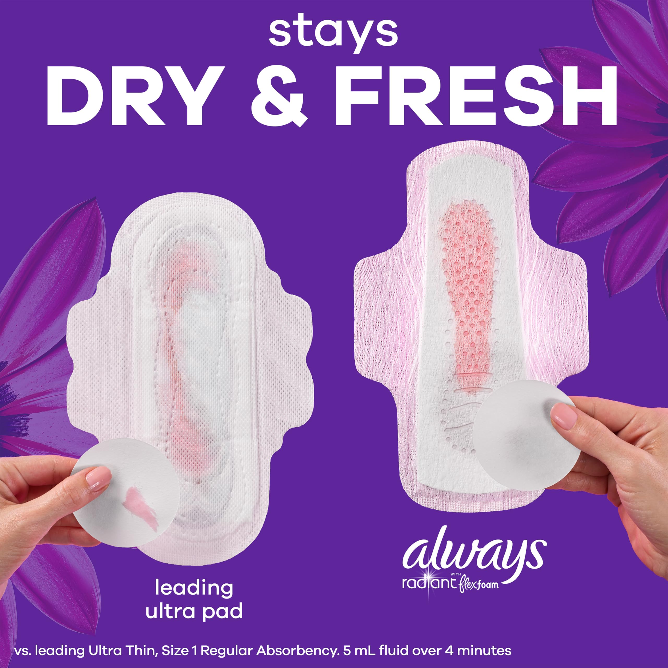 Always Strahlende FlexFoam-Pads für Damen, Größe 4, Saugfähigkeit über Nacht, 100% auslauf- und geruchsfreier Schutz ist möglich, mit Flügeln, parfümiert, 28 Stück