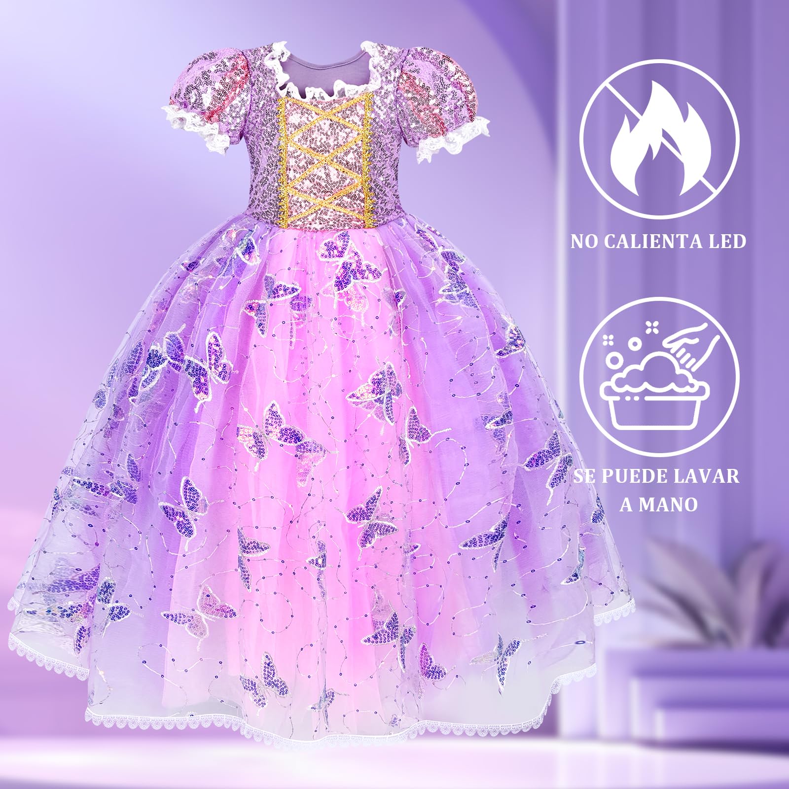 Herenear Disfraz Rapunzel Niña, Vestido Princesa para Niños de 3-12 Años, Niña Disfraz de Princesa con Accesorios Vestido de Princesa Tul Cumpleaños Fiesta Cosplay Navidad Carnaval Vestidos