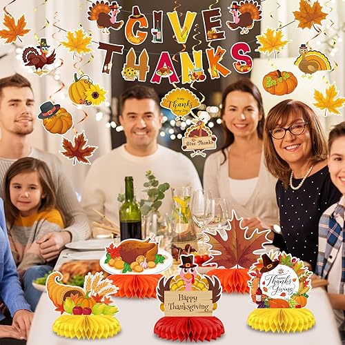 Miniatura 6 de Blosssound 29 piezas de decoraciones de fiesta de Acción de Gracias  Centros de mesa de nido de abeja de hoja de arce de pavo y calabaza, pancartas