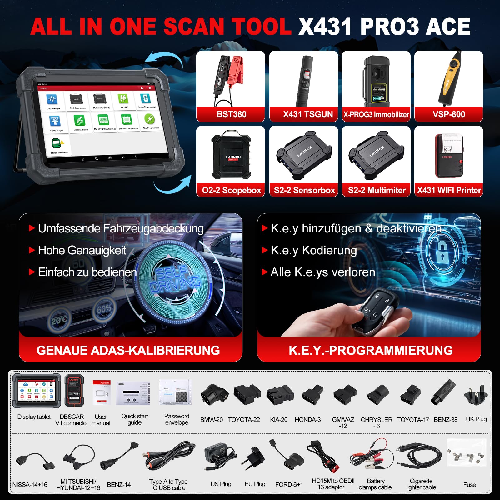 LAUNCH X431 PRO3 ACE OBD2 Auto Diagnosegerät mit DBScar VII,Kfz-Scan-Tool Topologie Mapping,Online-Codierung,CANFD&DoIP,55+Dienste,FCA,OBD1-Adapter-Koffer,10.1 Zoll