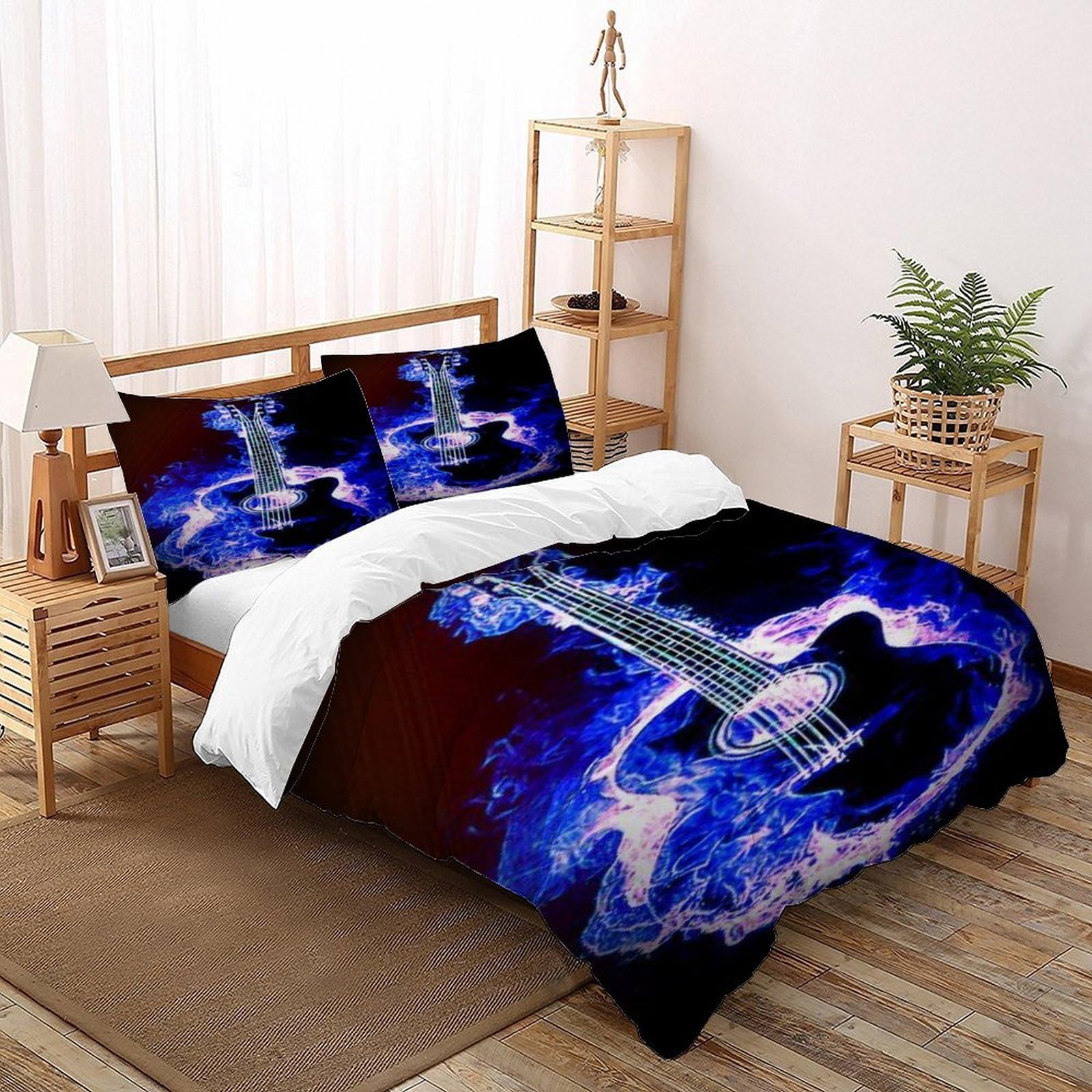Guitar Flame Bedding Set 3D Design Space Theme Theme Duvet Cover Set Microfiber Quilt Cover Suitable for Family,couple,children Pillowcase Double（200x200cm）