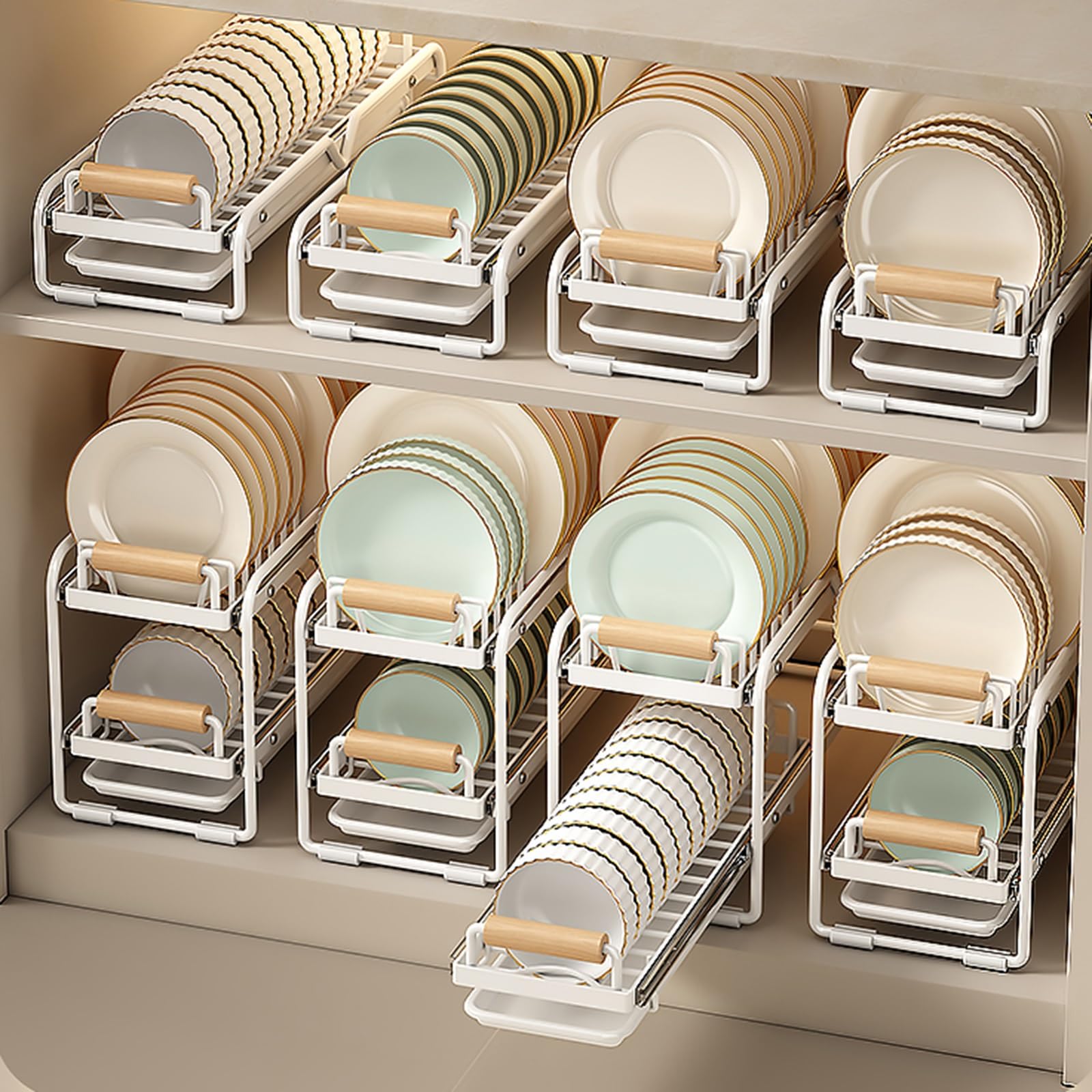Organizador de gabinete extraíble de 8 Paquetes con Divisor de Rejilla para Platos extraíble/Desmontable, cajones para gabinete sin taladros, Rejilla para Platos extraíbl