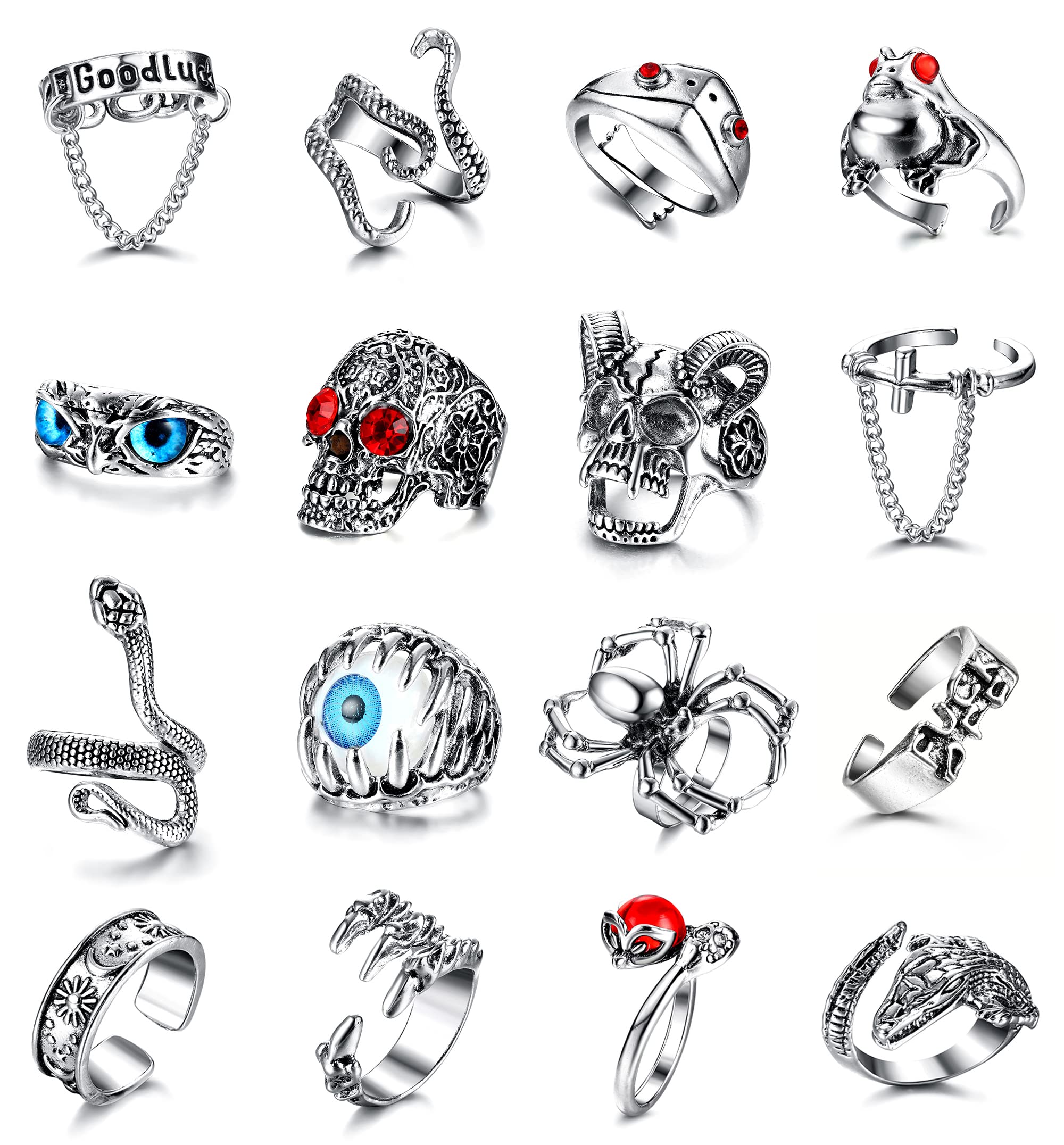 ORAZIO16Pcs Gothic Open Rings Set For Men Women Punk Adjustable Snake Dragon Claw Animal Rings Vintage Goth Skull Rings Indie Aesthetic