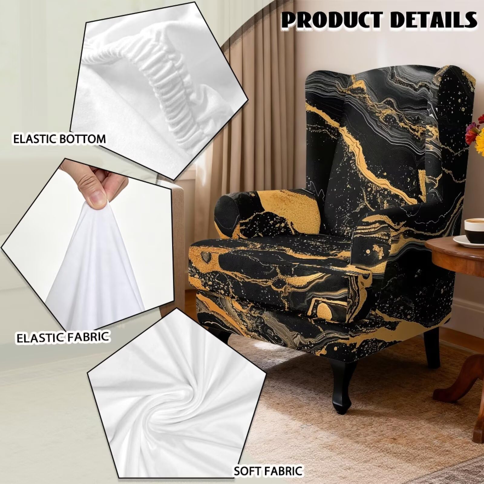 Xoenoiee Fundas elásticas para sillas con respaldo de alas con estampado de mármol negro, 2 piezas, funda lavable para sillones, protector de muebles antideslizante para sala de estar