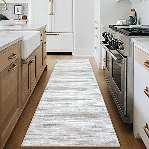 KOZYFLY Modern Abstract Hallway Runner Rug, 2.6x8 Washable Rug Runner Non-Slip Soft Striped Kitchen Runner Rugs, Print Distressed Beige Carpet Runner for Entryway Bathroom Laundry Room Foyer