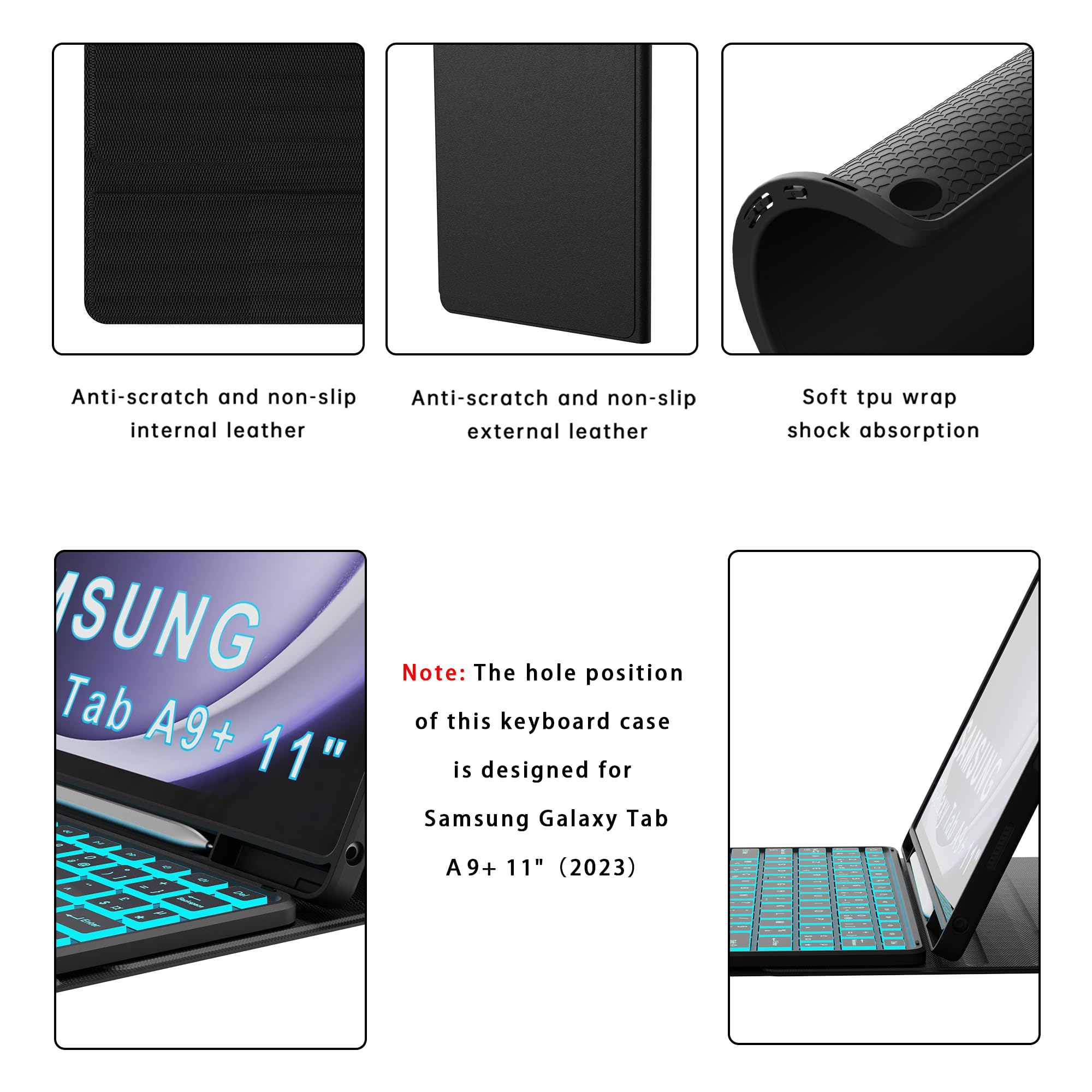 Étui Clavier pour Samsung Galaxy Tab A11 Plus/A9+ 11 Pouces - 7 Couleurs Rétroéclairées Amovible Tablette Coque Sans Fil avec Pavé Tactile – Tab A9 Plus 11" Rechargeable AZERTY Français Clavier Noir