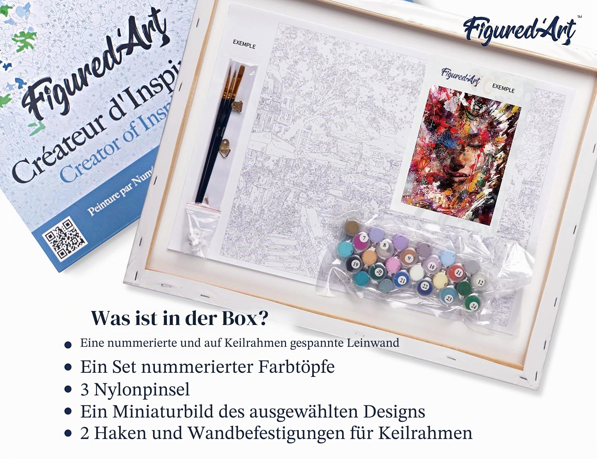 Figured'Art Malen Nach Zahlen Erwachsene Mit Rahmen Weibliches Gesicht abstrakt - Paint by Numbers Basteln DIY Bastelset 40x50cm - Leinwand gespannt auf Holzrahmen