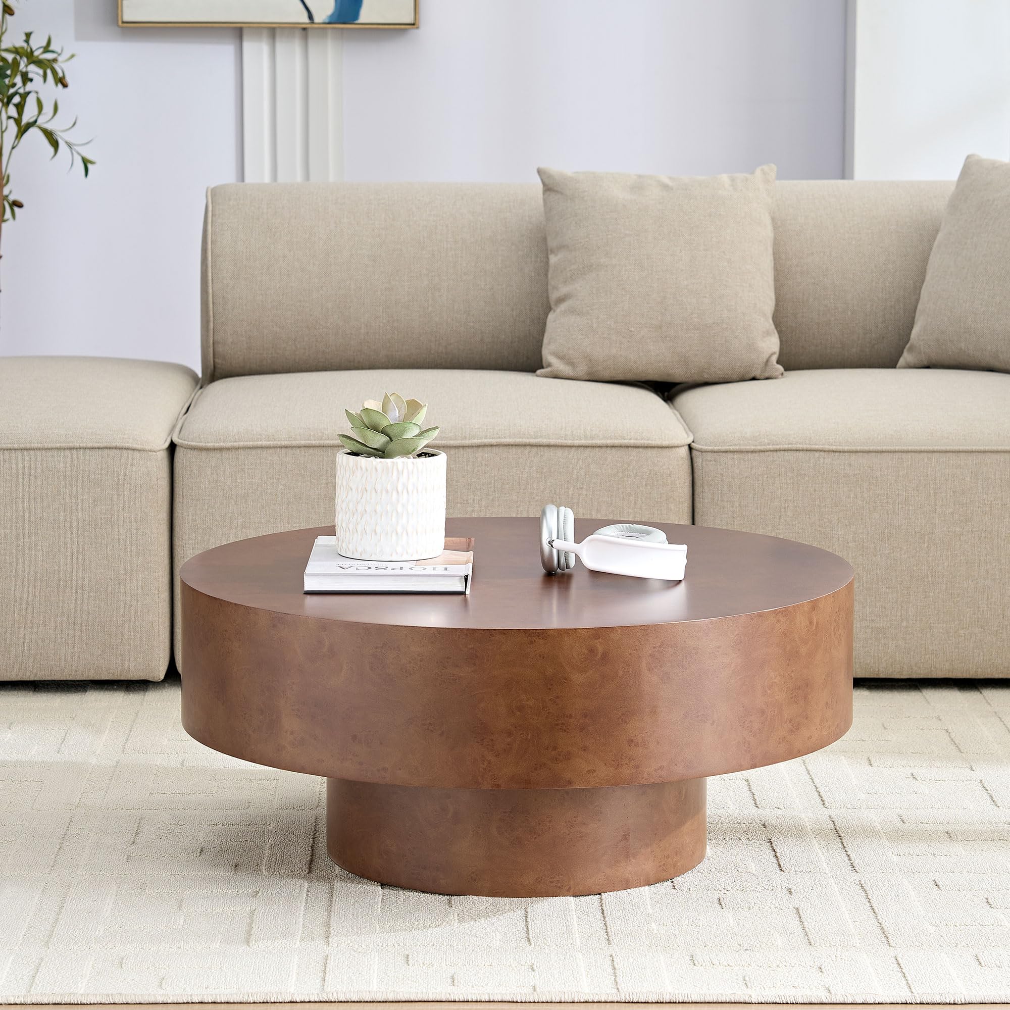Round Coffee Table for Living Room 31 49 Faux Burl Wood Pattern Center Table with Sturdy Pedestal Rustic
