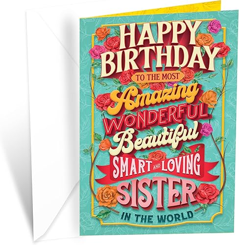 Prime Greetings Tarjeta de cumpleaños para hermana, hecha en Estados Unidos, ecológica, tarjeta gruesa con sobre de primera calidad de 5 x 7.75