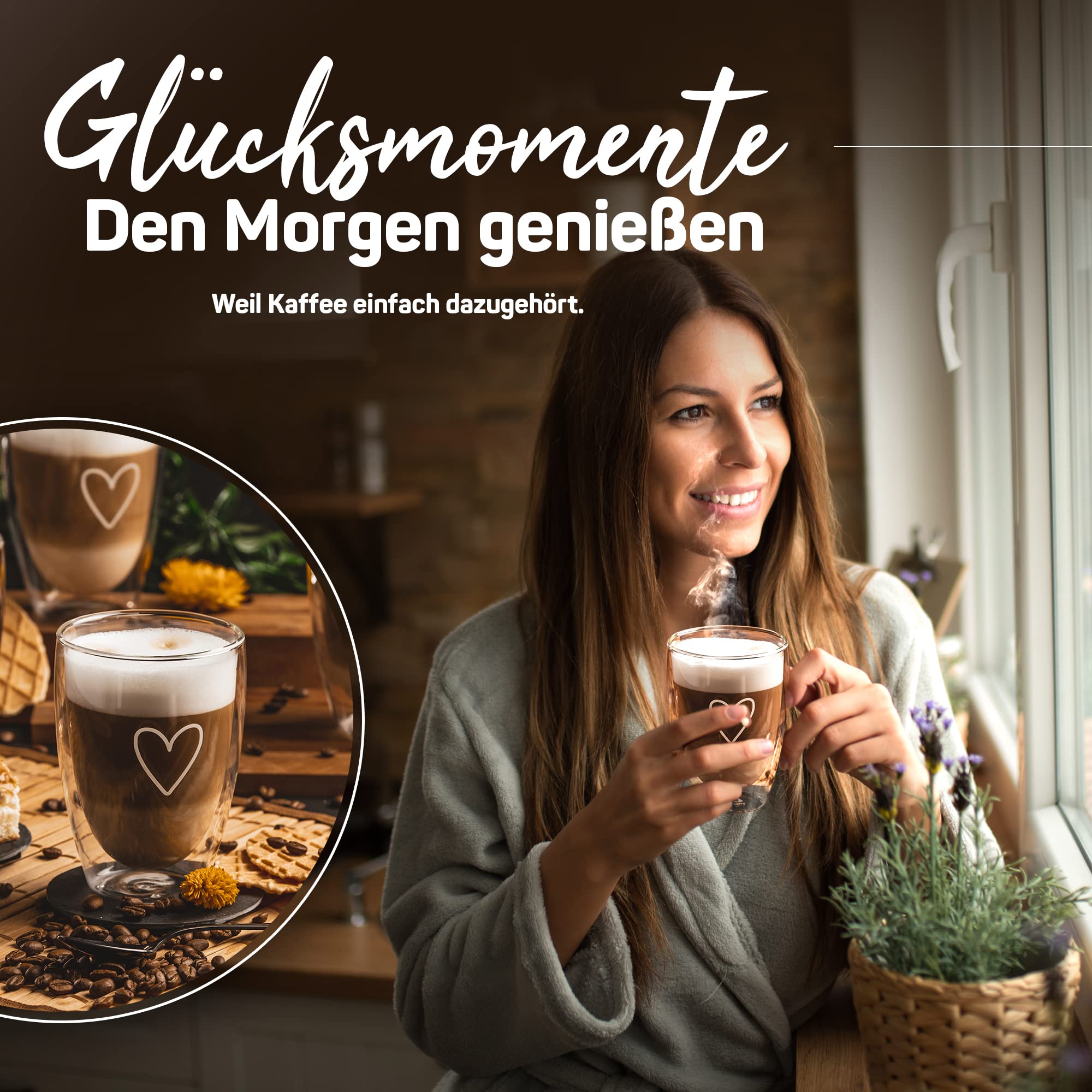 ElbFuchs® Latte Macchiato Gläser doppelwandig [4x 350ml] GESCHENKIDEE mit HERZ | Kristallklare Thermogläser doppelwandig | Ideal als Cappuccino Gläser | Kaffeegläser | Teegläser