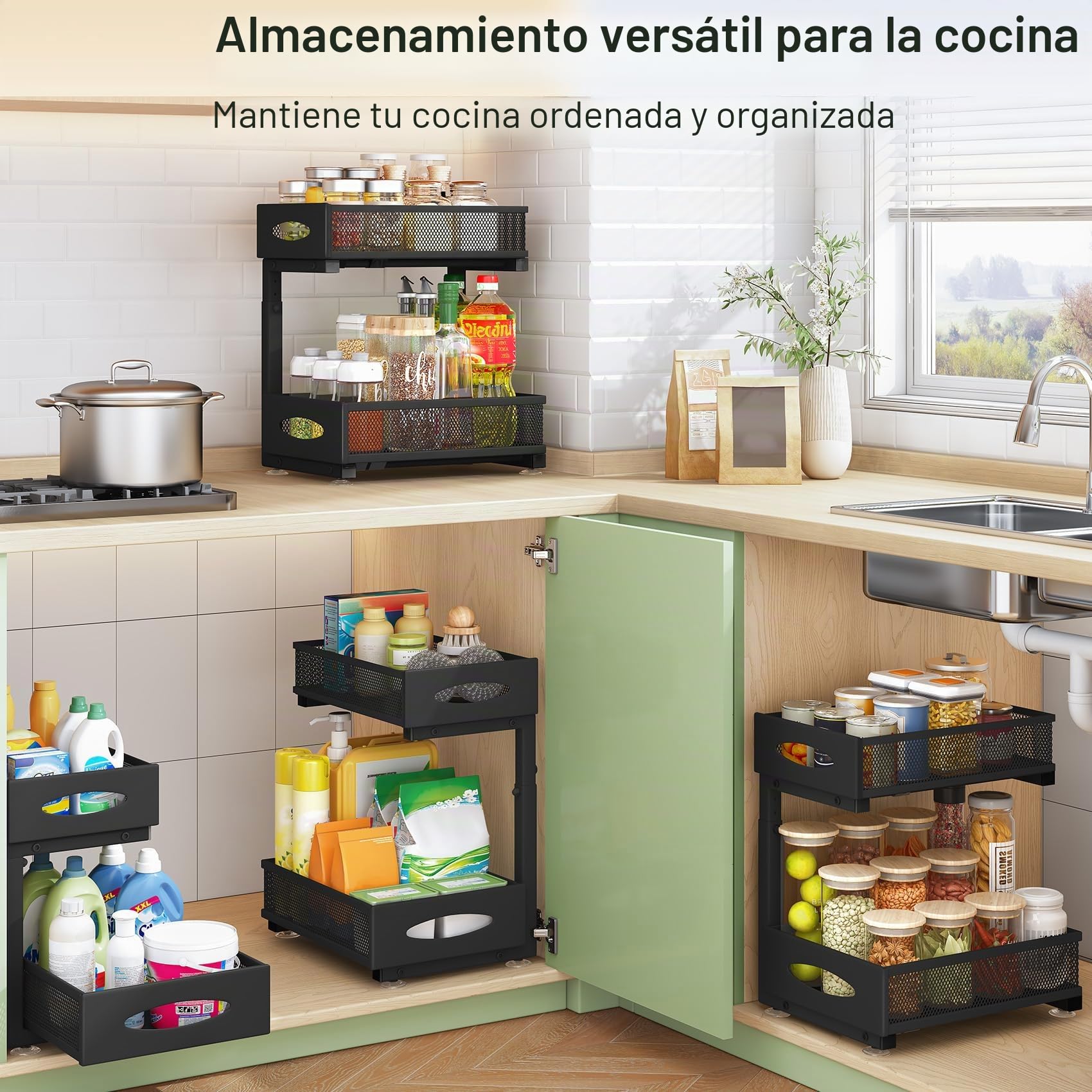 Kitstorack Organizador Bajo Fregadero de Metal - Estante con 2 Niveles y Cajones de Malla Deslizantes - Altura Ajustable Organizador Cocina para Cocina, Baño y Armario (Negro, 1 Unidad)