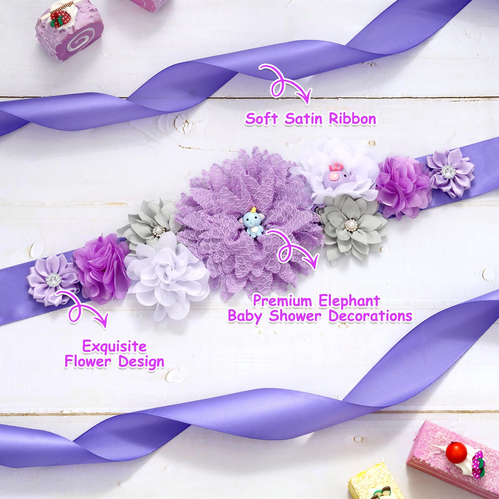 JOYMEMO Purple And Gray Elephant Baby Shower Maternity Sash Kit Elephant  Flower Baby Shower Belly Belt And Mom To Be Dad To Be Corsage Pins
