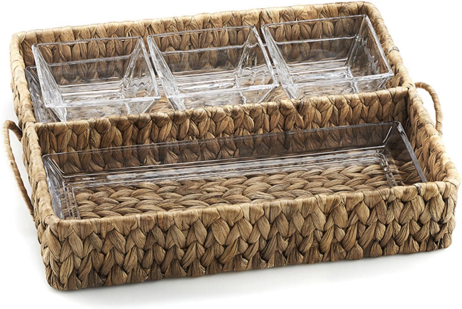 Garden Terrace Beige Glass Chip & Dip Server with Seagrass Handles