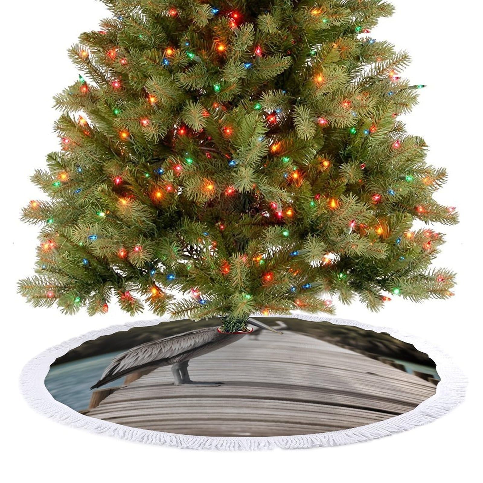 Pelican On Wood Bridge Christmas Tree Skirt 48"x48" Rustic Xmas Tree Mat with Tassel Ornament Christmas Trees Cover Skirt Mat for Evergreen Trees Ornament Winter Holiday Mats Decorations
