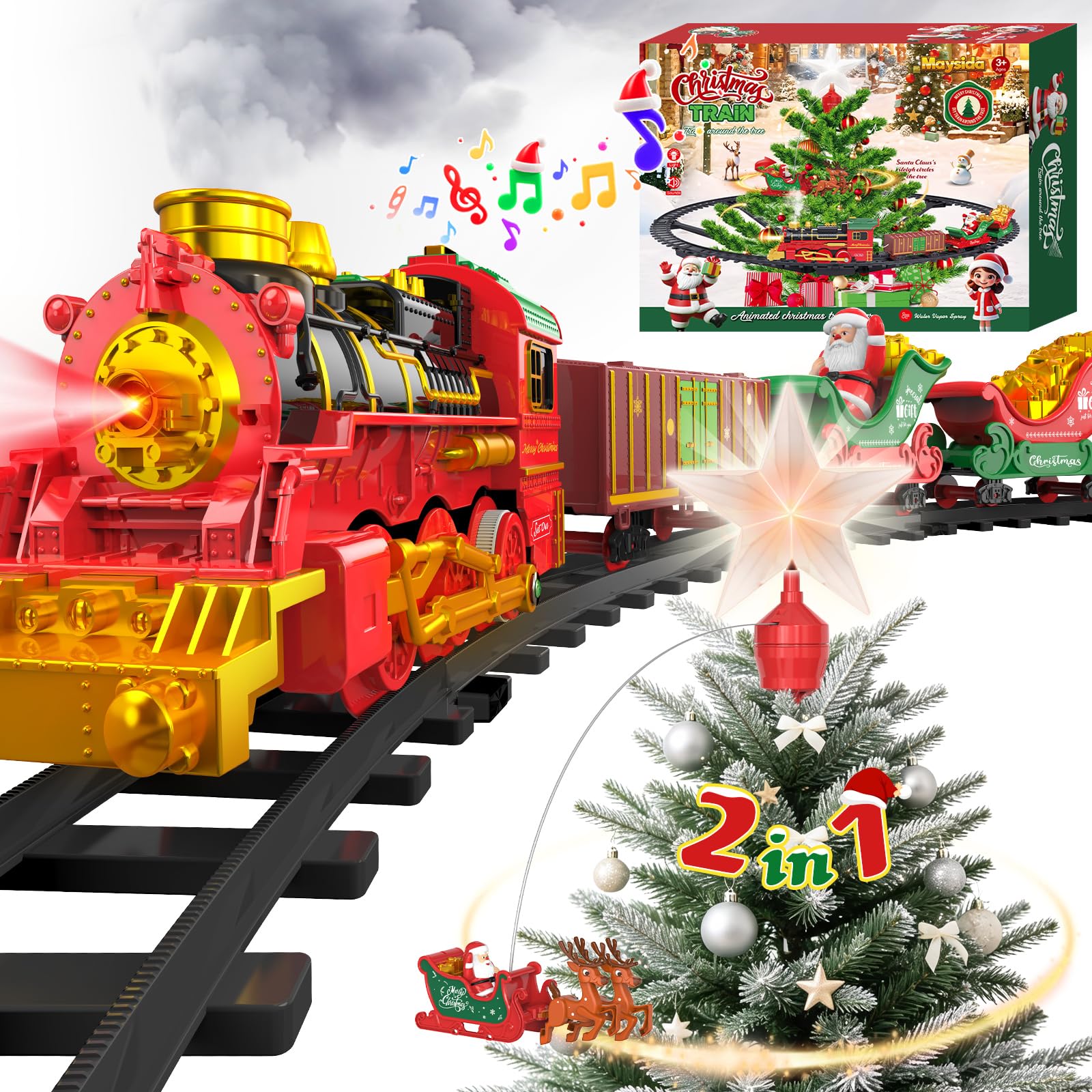 Hanging Christmas Train Set with Tree Topper Star, Toy Train Set Around Under the Christmas Tree, Christmas Toys Gift with Light/Smoke/Sound/Music, Santa Claus Christmas Tree Train Set for Kid 3-5 4-8