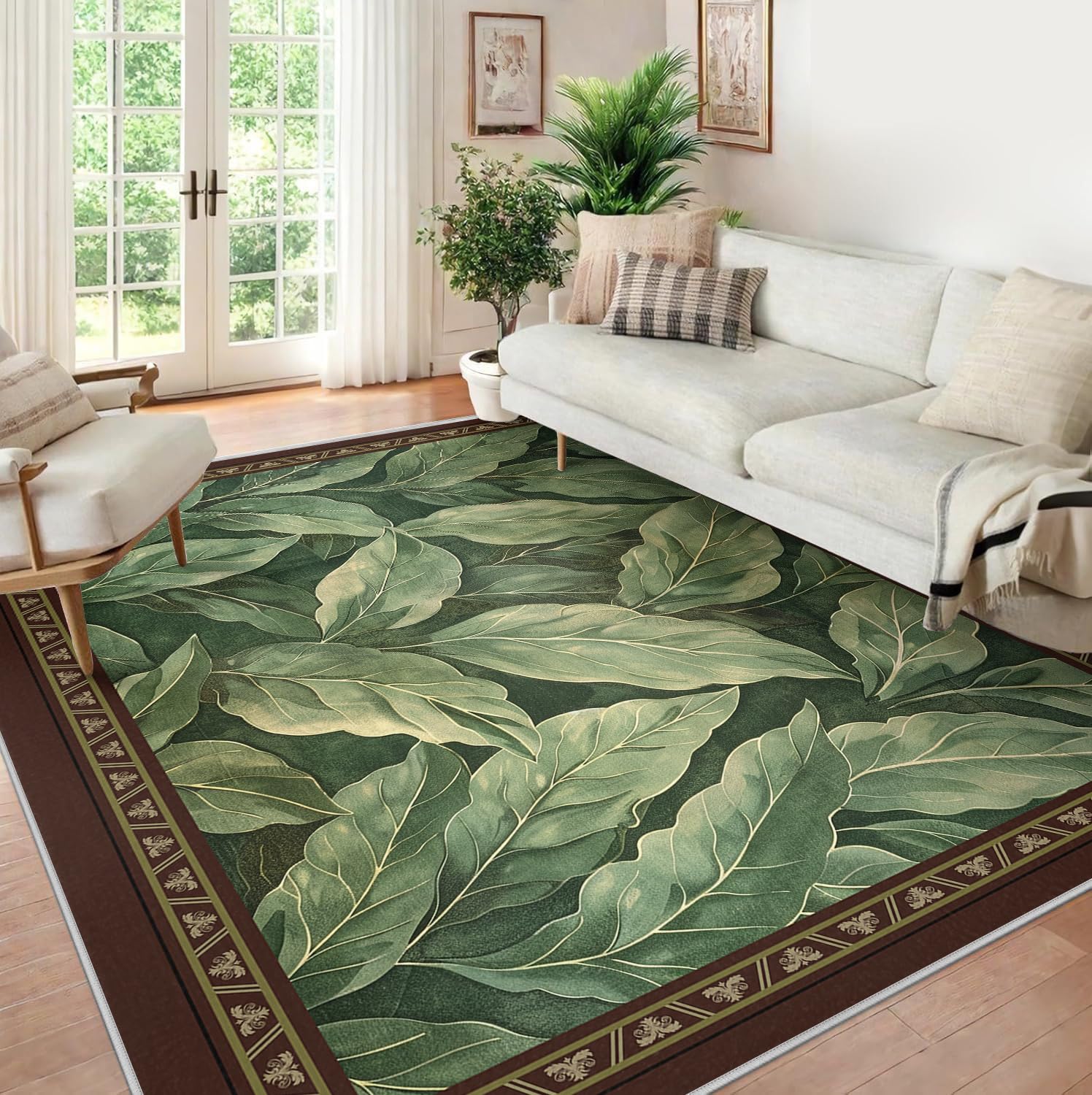 Dywaniki do wnętrz z brązowymi obramowaniami, 100 x 150 cm, zielony liść magnolii, dywan do sypialni, wiejskiego domu, vintage, styl naturalny, dekoracja podłogi, niskie runo, można prać