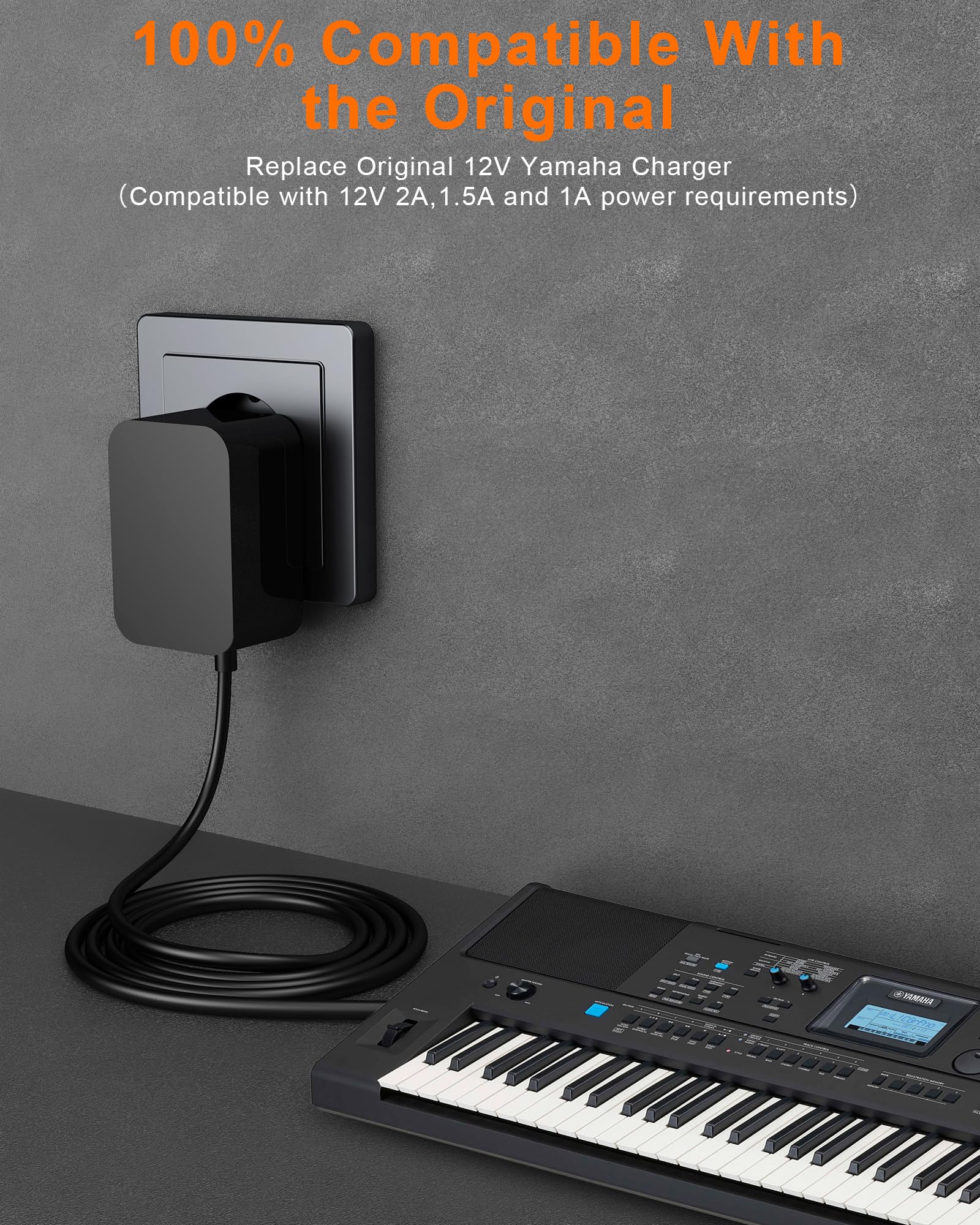 12V/2A Chargeur pour Clavier Yamaha Adaptateur Secteur d’Alimentation pour PA-130a PA-130b PA-150b P45 PA-3b PA-3c PA-5d PSR-210 PSR-78 P125 E373 Piano électronique 24W 1.5M