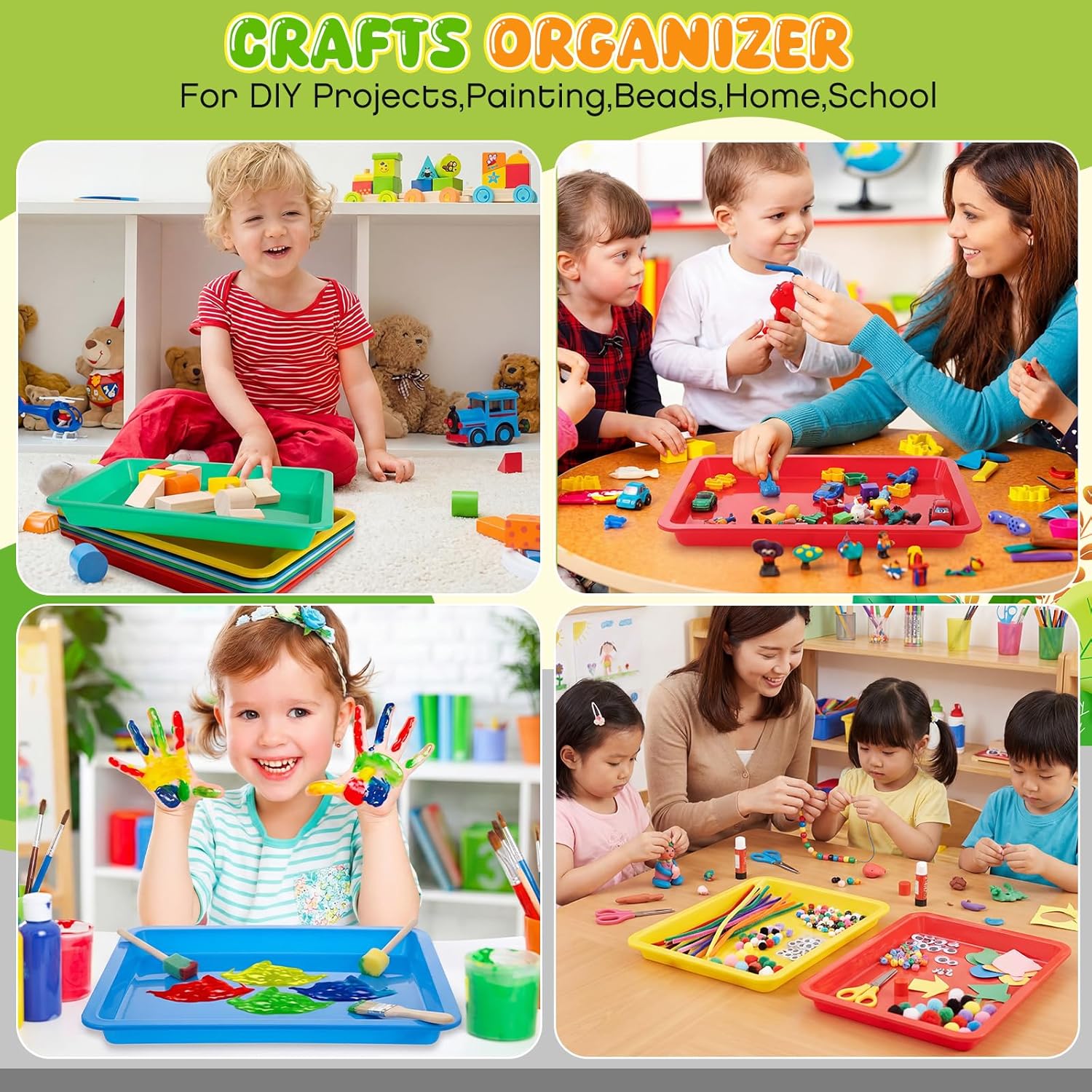 Remerry 24 Pcs Plastic Art Trays Stackable Activity Crafts Classroom Sand Trays Sensory Paint Organizer for Kids DIY Beads Jewelry Painting Projects School Favor (13.4 x 10 Inch,Rainbow Color)