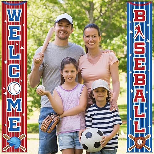 Miniatura 5 de Decoración de fiesta de béisbol, letrero de cumpleaños con temática de béisbol, cartel colgante para puerta de bienvenida, cartel deportivo de