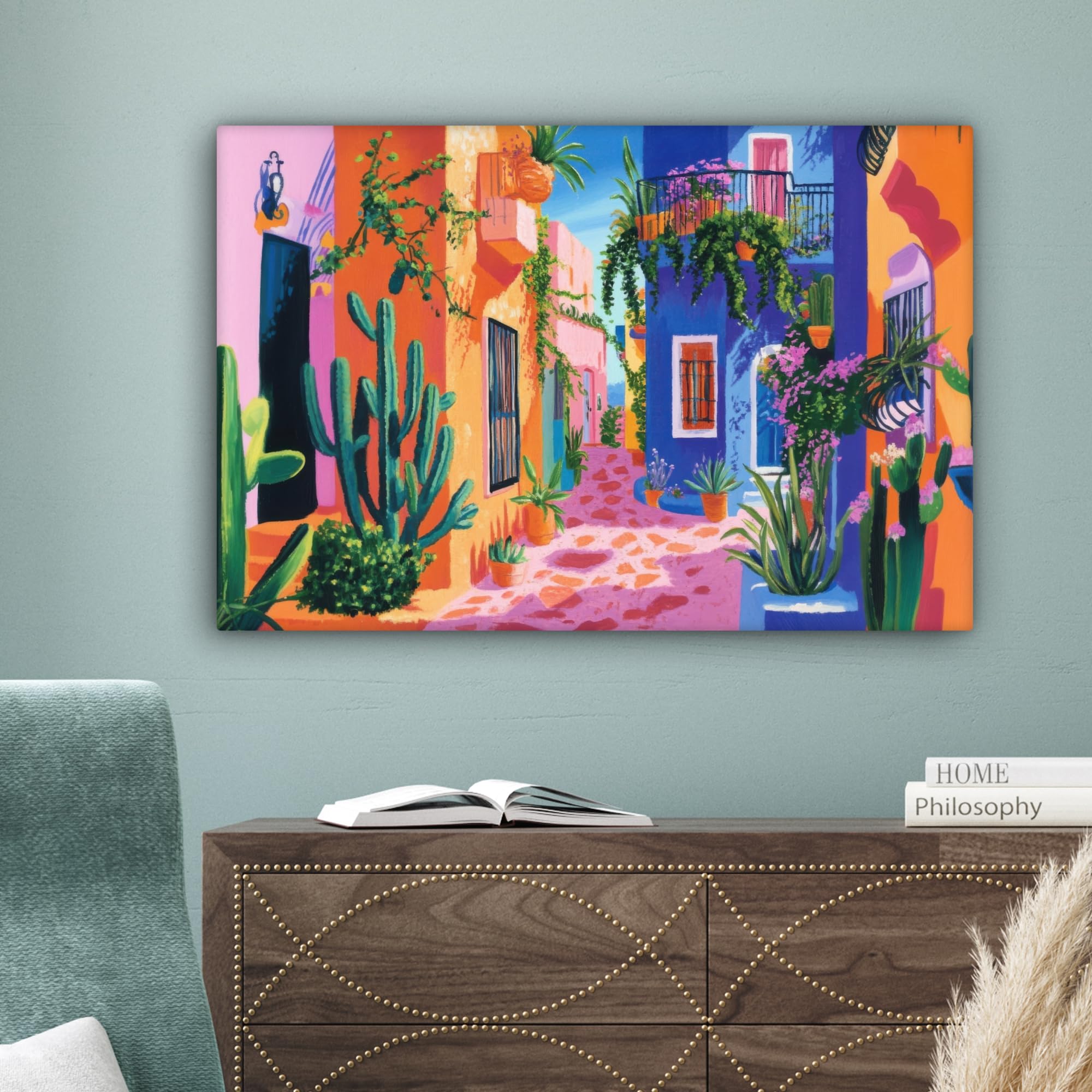 MuchoWow© Impression sur Toile Peinture 90x60 cm Tableau Mural Decoration Salon Reproductions de Tableaux Murale Moderne Jaune - Bleu - Orange - Maison