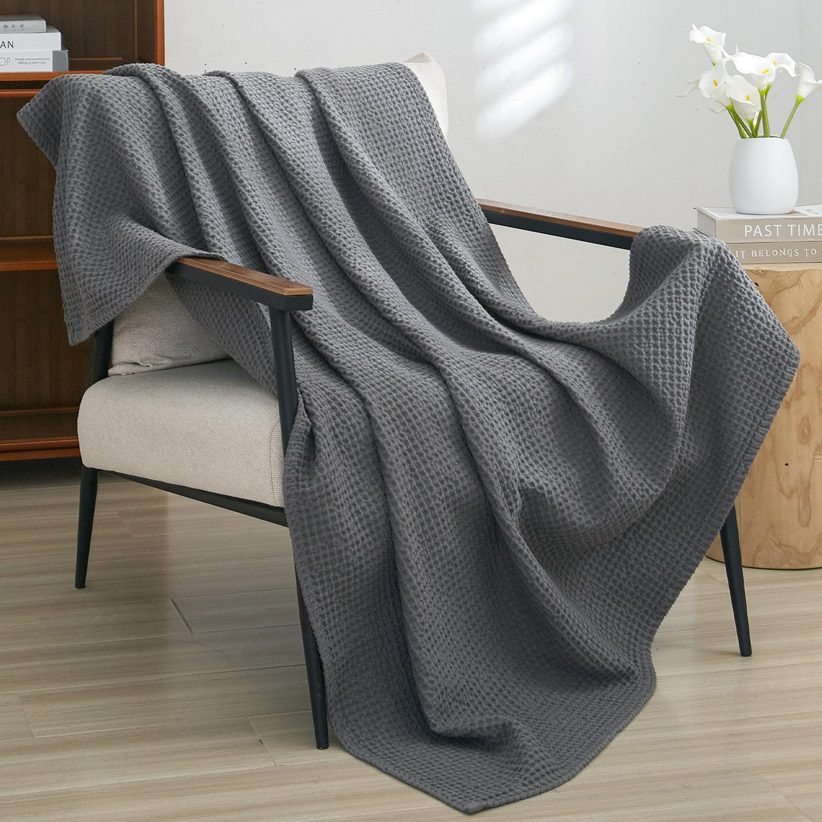 PHF Pre-Washed Cotton Waffle Weave Blanket Throw Size for Couch Bed,Snag Proof Spring Summer Lightweight Breathable,Oeko-TEX Certified,Machine Washable, Home Decor Gift?Charcoal