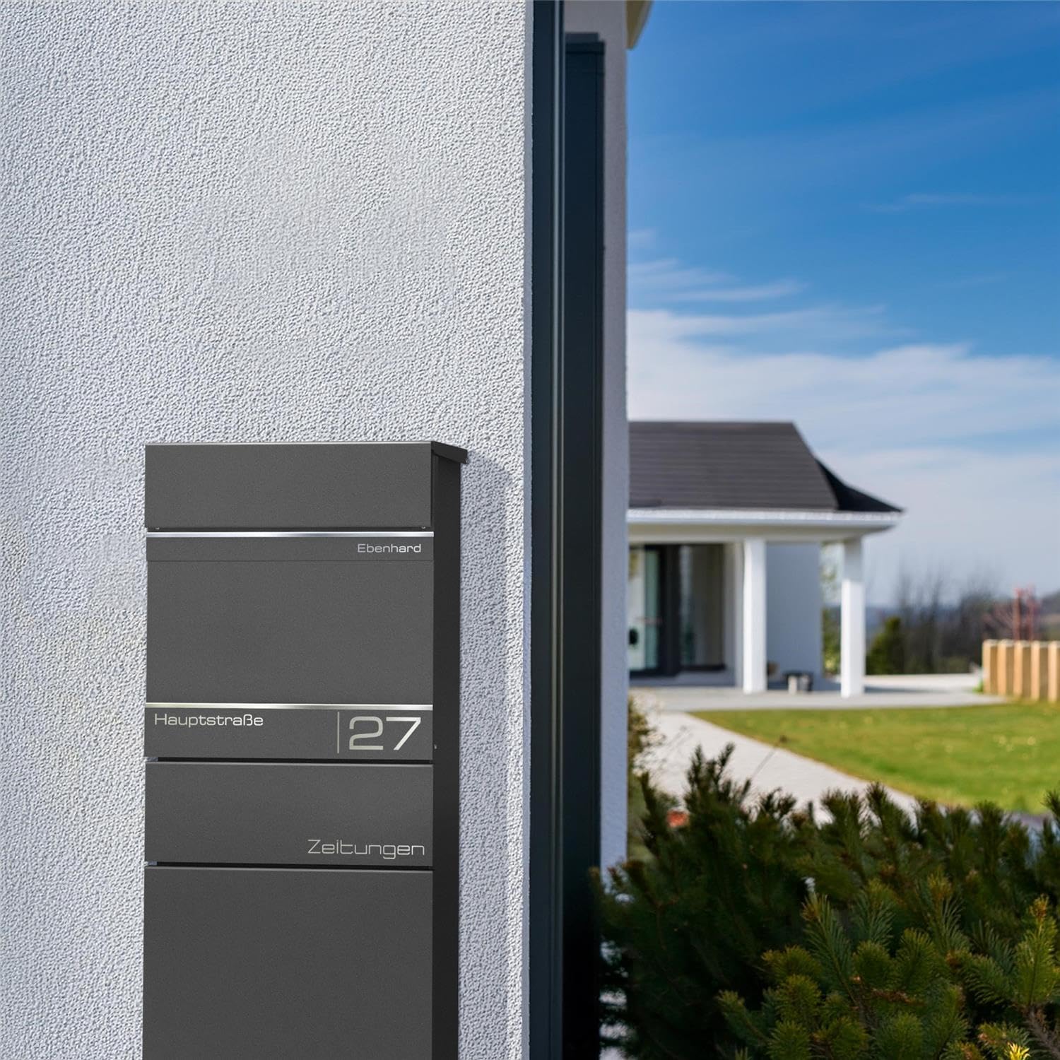 Metzler Standbriefkasten mit Zeitungsfach | Hochwertiger Stahl, Pulverbeschichtung in DB 703 Eisenglimmer | Individuelle Lasergravur, Absenkautomatik, inkl. Montagematerial & 2 Schlüssel | Alves 2
