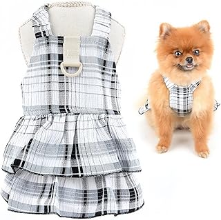 SMALLLEE_LUCKY_STORE Plaid Dog Harness Dress, Cute Pet Strap Sundress for Small Medium Dog Cat Girls with D-Ring Puppy Tiered Skirt Yorkie Chihuahua Summer Clothes,Black,XL