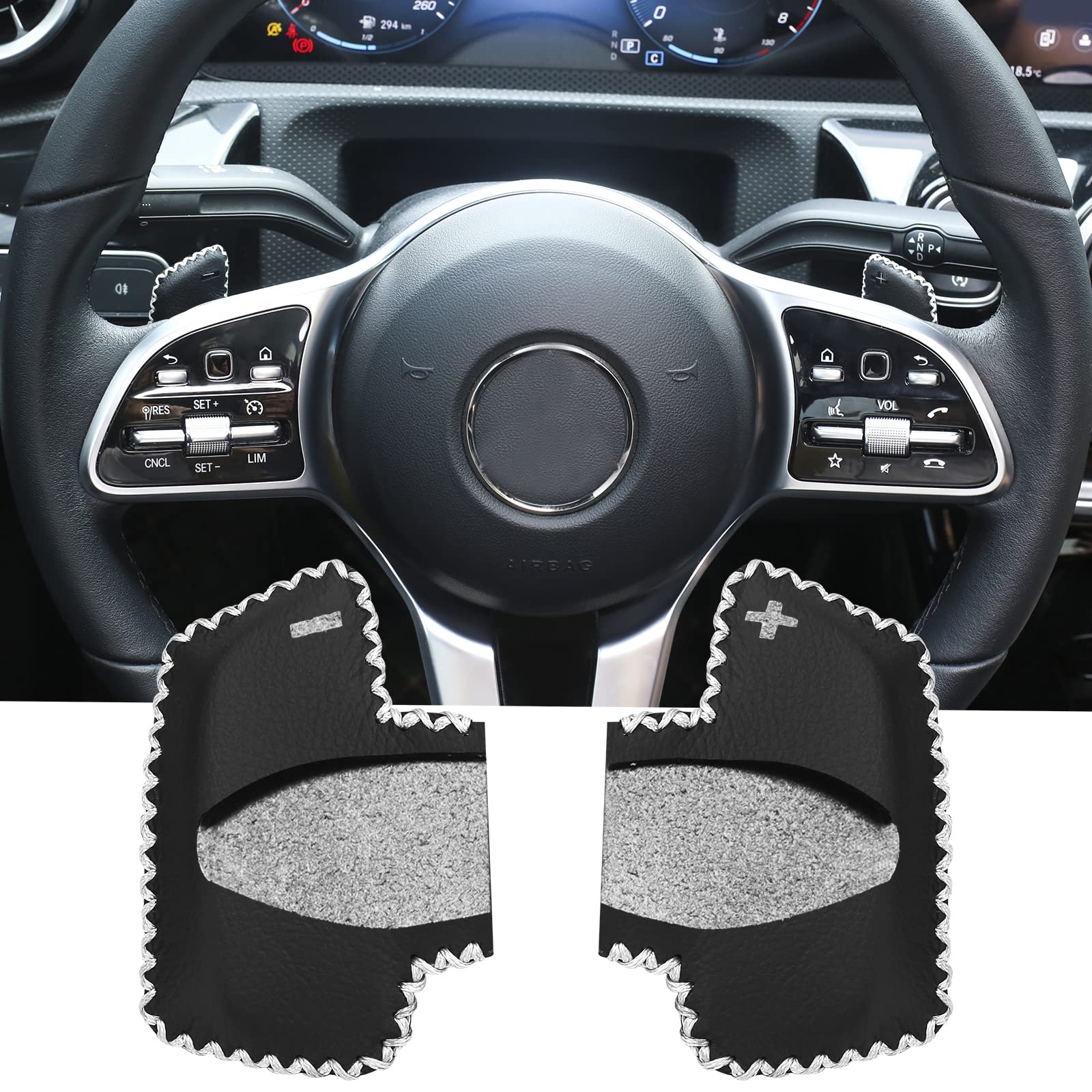 Paddle Shifter Cover, Paddle Shifter Extension Holster, Pure Hand Sewing Steering Wheel Paddle Shifter Protective Cover Compatible with Mercedes Benz A C E S Gla Glb Glc Gle Gls Cla (Basis Black)