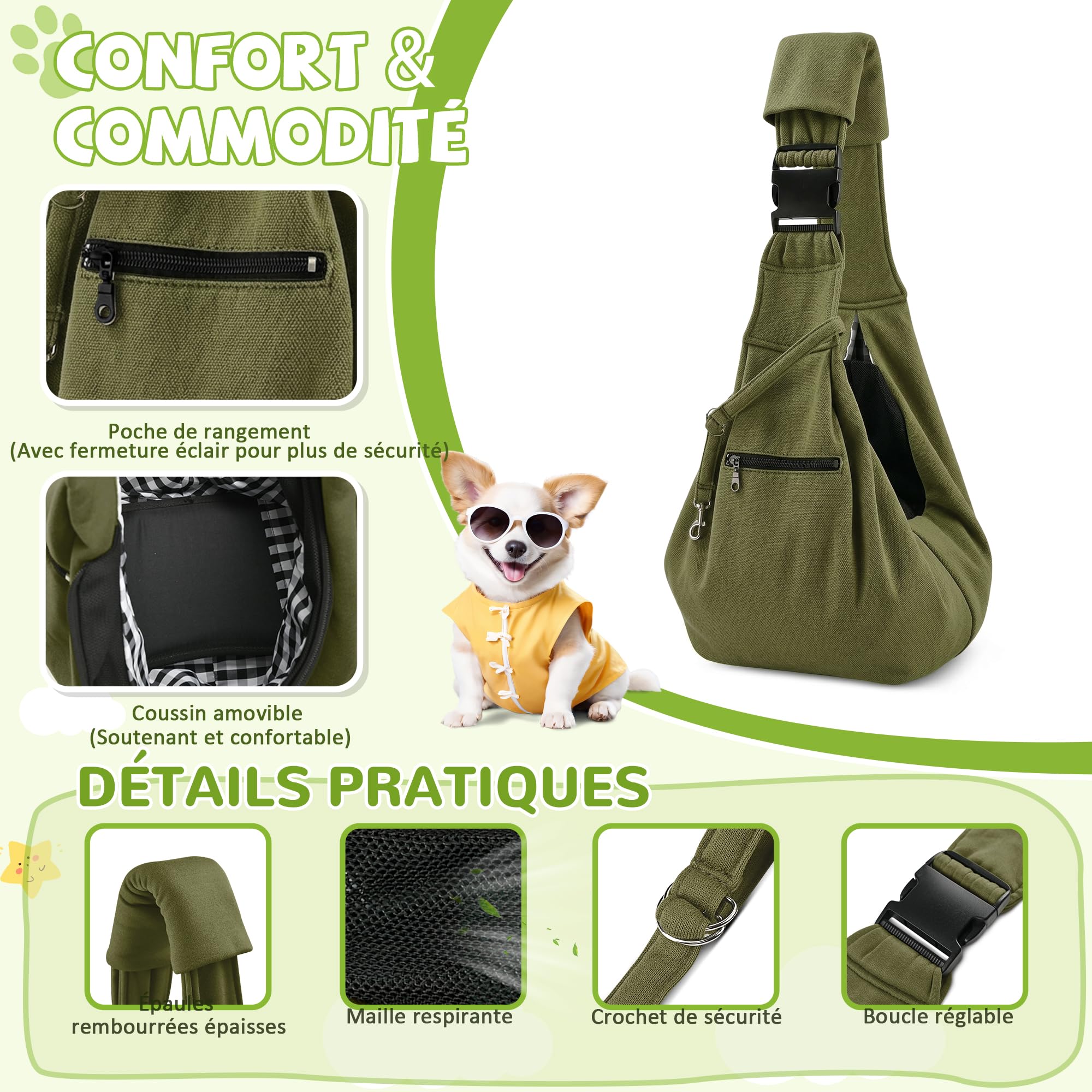 ALLSOPETS Sac de Transport Chien Chat, Sac Bandoulière Respirant pour Petit Chien et Chat avec Crochet de Sécurité, Transport Facile pour Balades et Vétérinaire (Vert Olive)