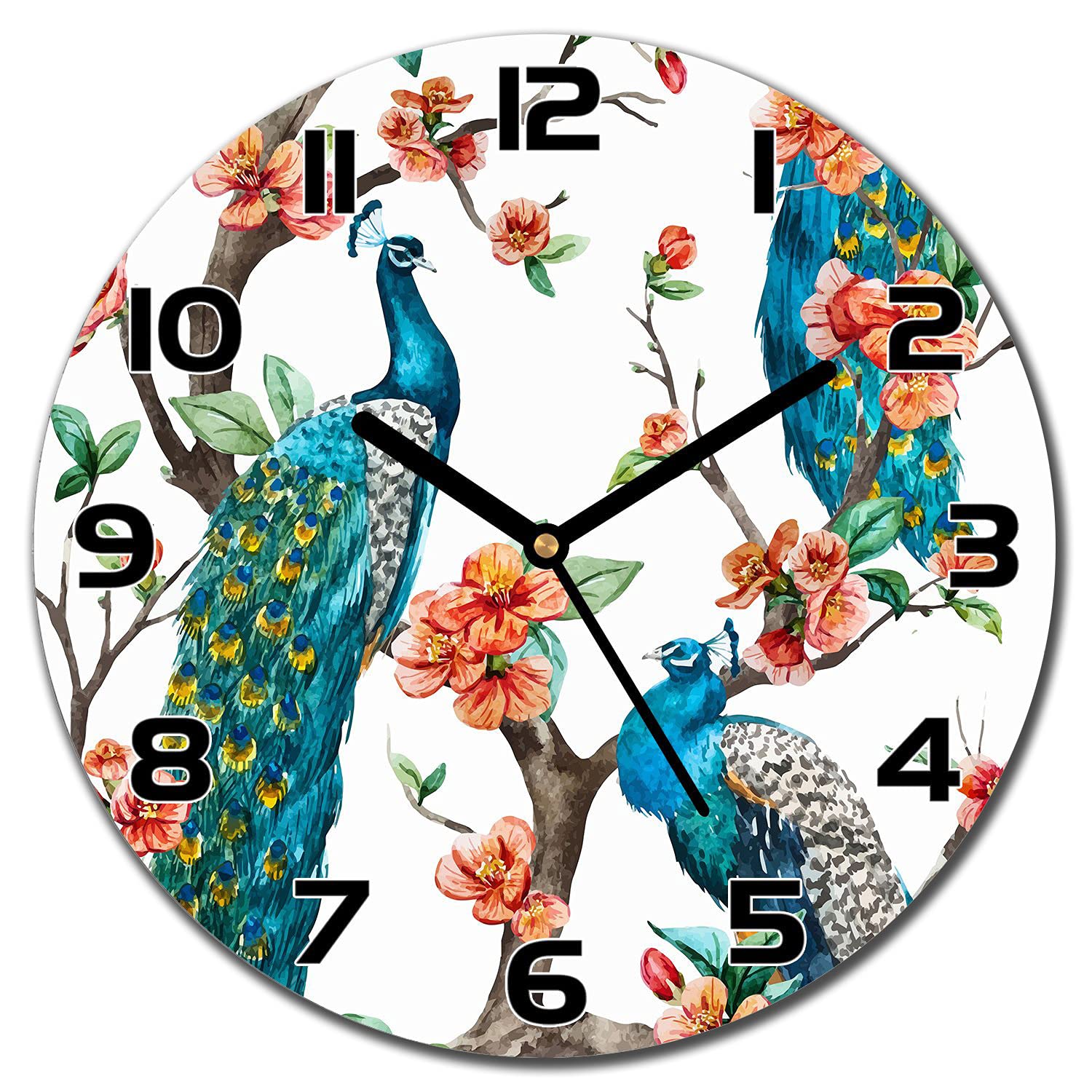 Horloge en verre paon 30 cm murale moderne Coloray avec aiguilles noires pour salon cuisine