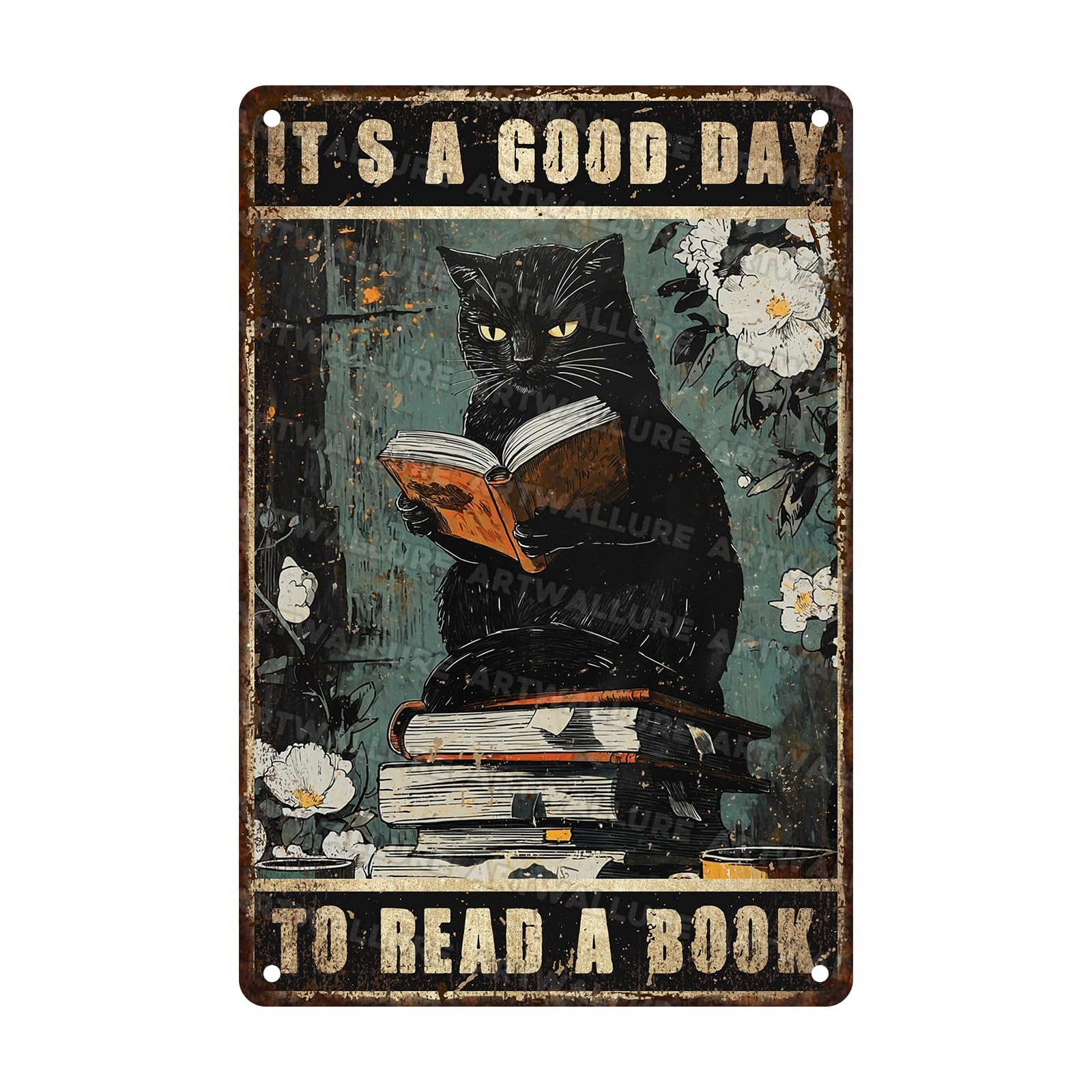 It's A Good Day To Read A Book Funny Black Cat Metal Sign Vintage Wall Decor for Bedroom Office Library Study Room Wall Decor 8x12inch