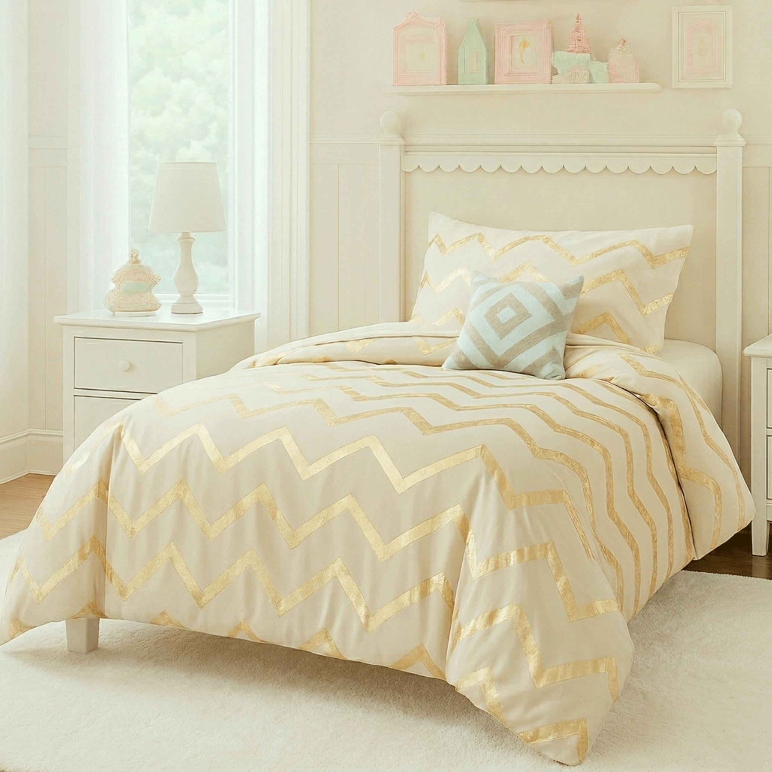 Codi Cream White and Gold Comforter Set for Twin/Twin XL Size, Cute Metallic Ivory Bed Sets, 3 Piece (1 Matching Sham + 1 Decorative Pillow)
