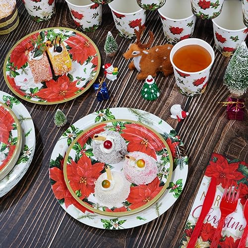 Miniatura 4 de Platos y servilletas de papel de Pascua de Navidad para servir 25, platos desechables de fiesta de flores navideñas, vasos, servilletas, vajilla