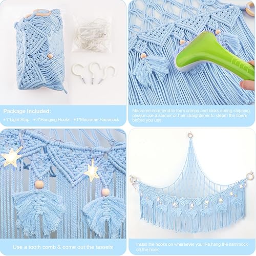 Vista 30 de ANROYE Hamaca de red de juguetes de peluche de macramé con luz de estrella, pequeños peluches bohemios, almacenamiento para guardería, organizador