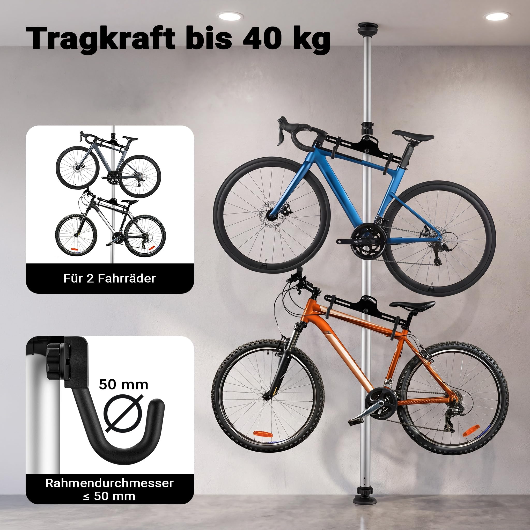 Wiltec Teleskop Fahrradhalter für 2 Räder je 20kg 160-340cm, Fahrradständer platzsparend, Hängesystem verstellbar mit 360° Haltearmen