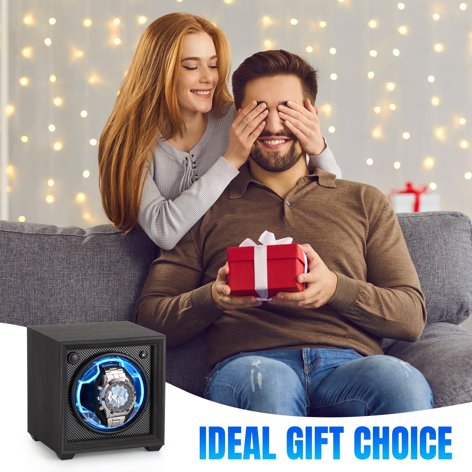 Isili Einzel Uhrenbeweger für Automatische Uhren, Auto Start-Stop Uhr Winders Box für Liebhaber, mit Quiet Motor 2 Rotation Mode Einstellung, blaues Licht, Geschenk für Vatertag
